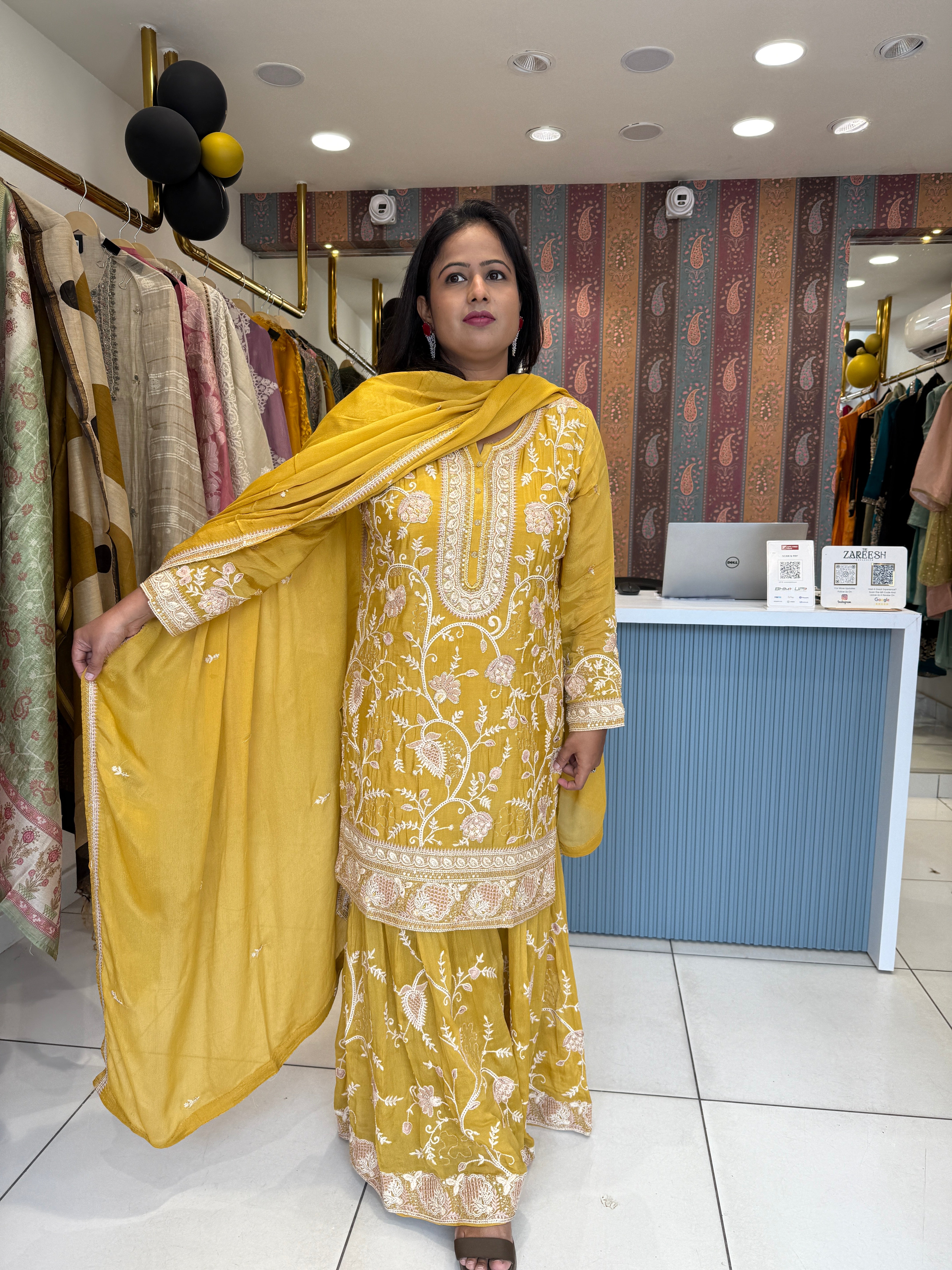 Yellow Embroidered Kurta Sharara Set with Dupatta | Floral Thread and Sequin Work Haldi Wear