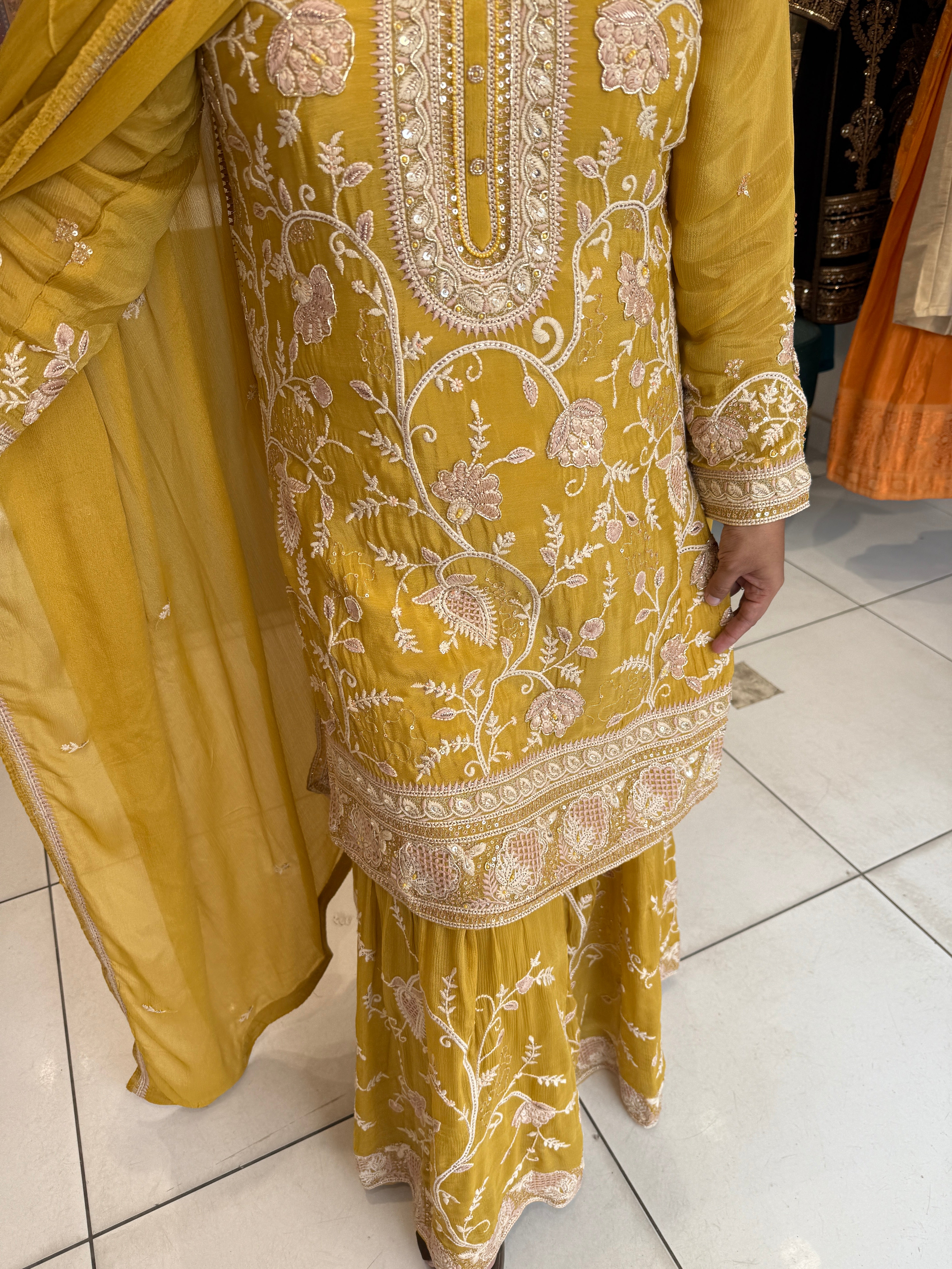 Yellow Embroidered Kurta Sharara Set with Dupatta | Floral Thread and Sequin Work Haldi Wear