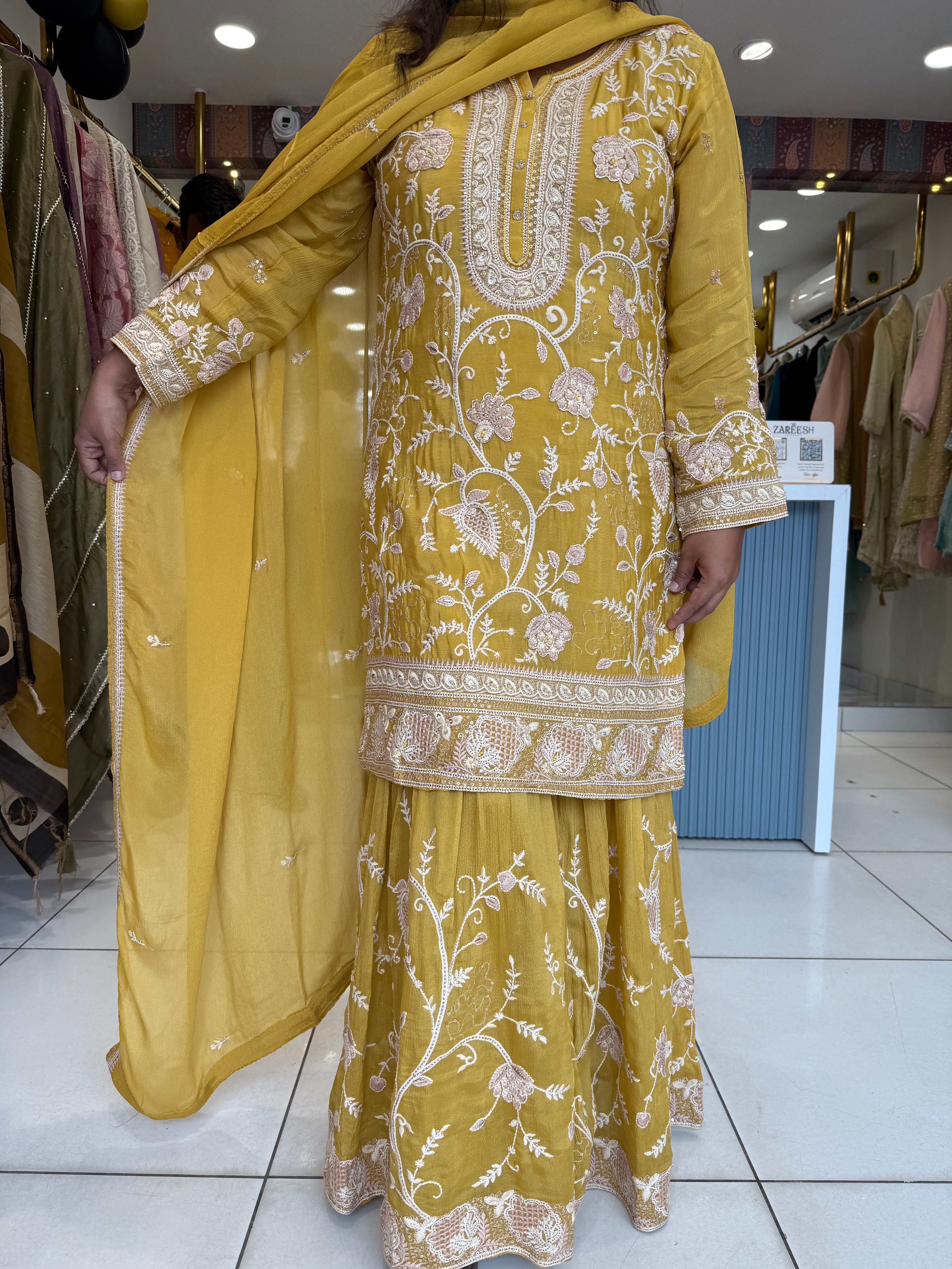 Yellow Embroidered Kurta Sharara Set with Dupatta | Floral Thread and Sequin Work Haldi Wear