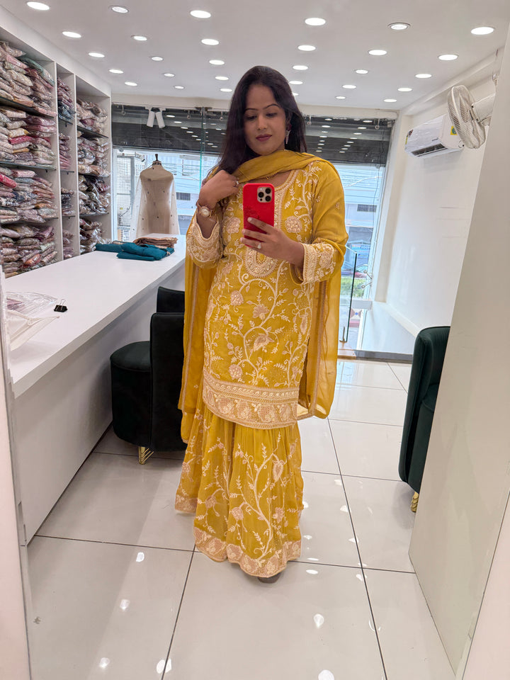 Yellow Embroidered Kurta Sharara Set with Dupatta | Floral Thread and Sequin Work Haldi Wear