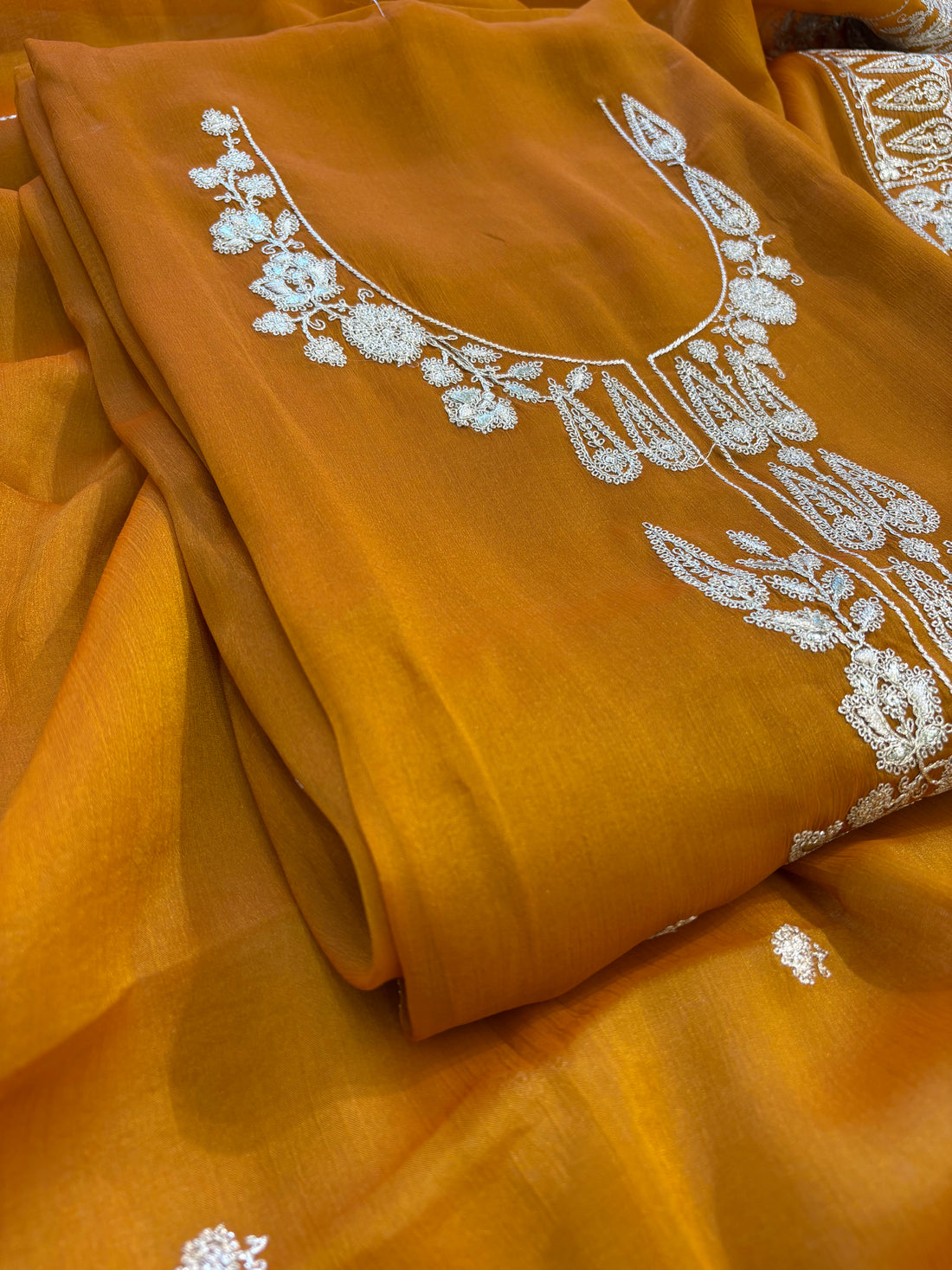 Mustard Yellow Organza Unstitched Suit with dabka Embroidery Dupatta - Festive & Wedding Wear (Copy)