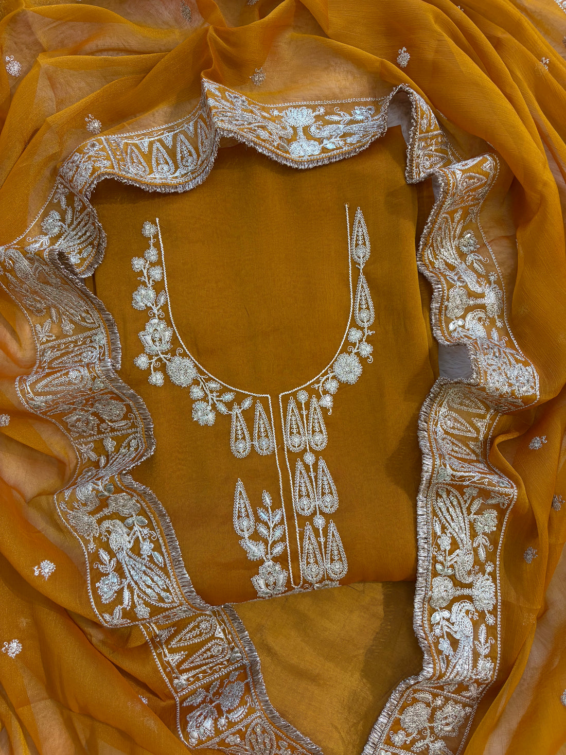 Mustard Yellow Organza Unstitched Suit with dabka Embroidery Dupatta - Festive & Wedding Wear (Copy)