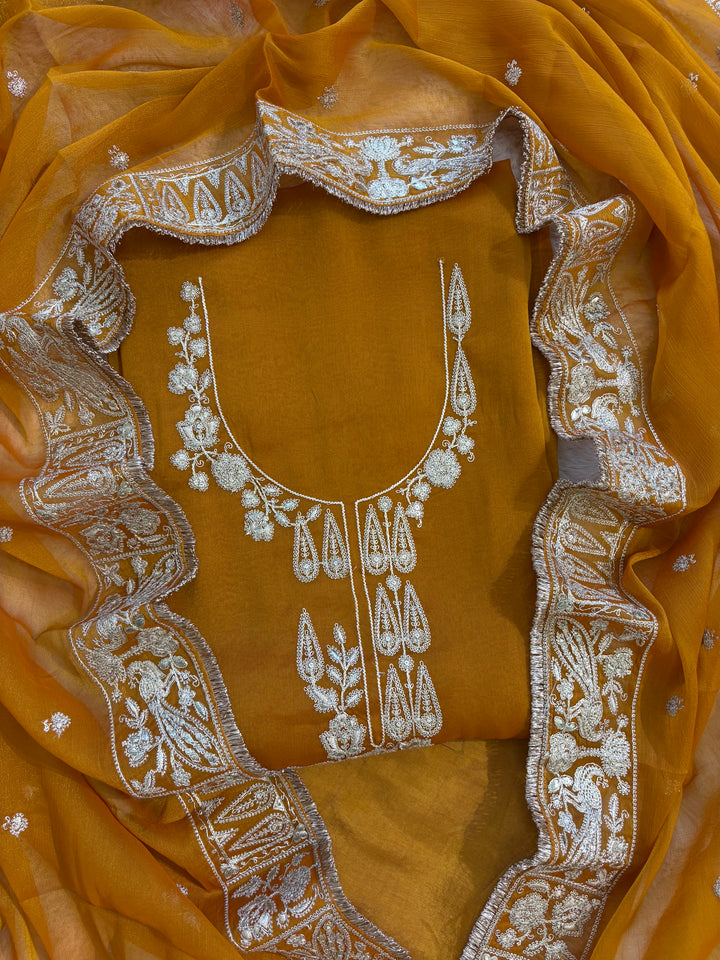 Mustard Yellow Organza Unstitched Suit with dabka Embroidery Dupatta - Festive & Wedding Wear (Copy)
