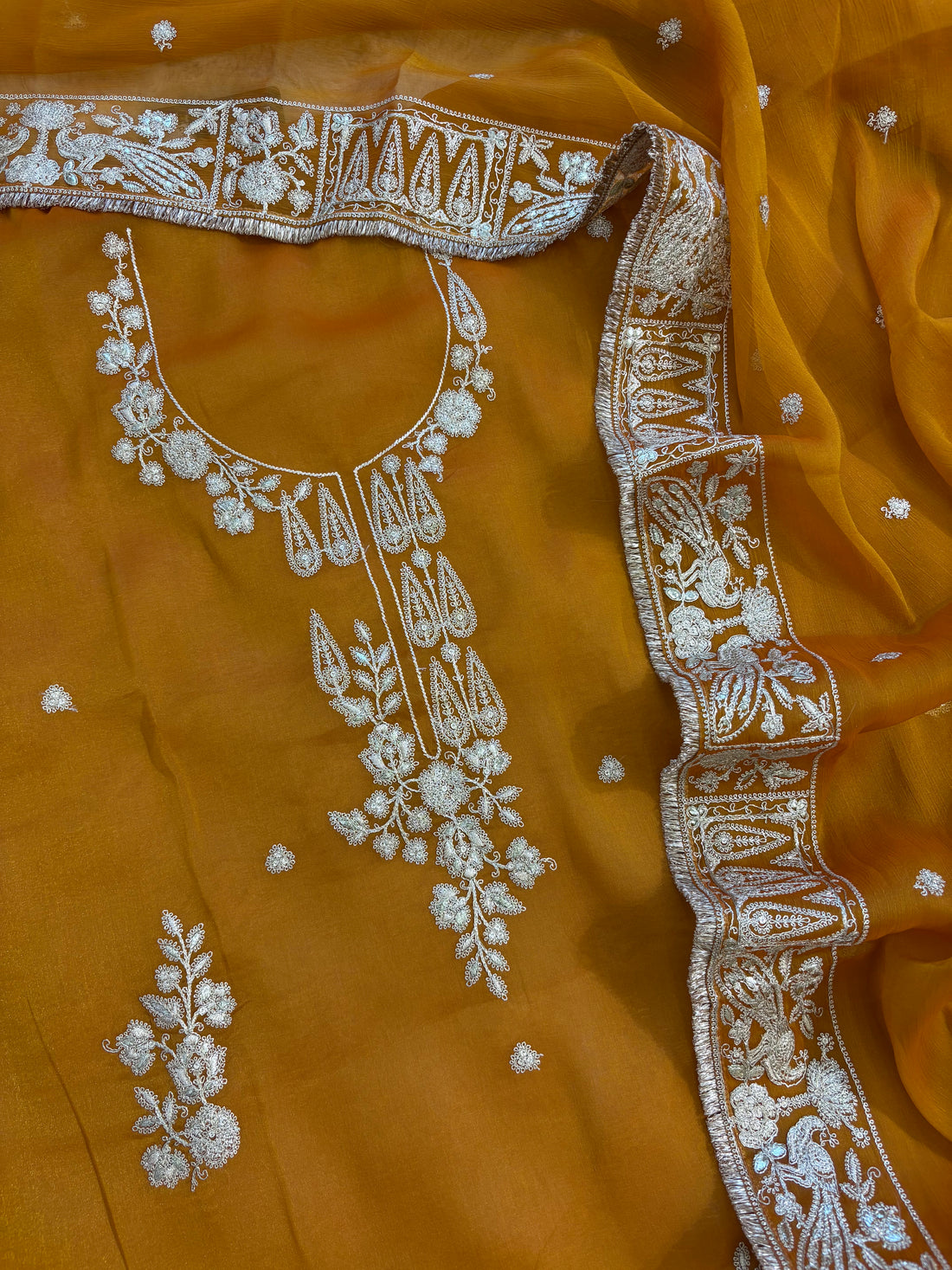 Mustard Yellow Organza Unstitched Suit with dabka Embroidery Dupatta - Festive & Wedding Wear (Copy)