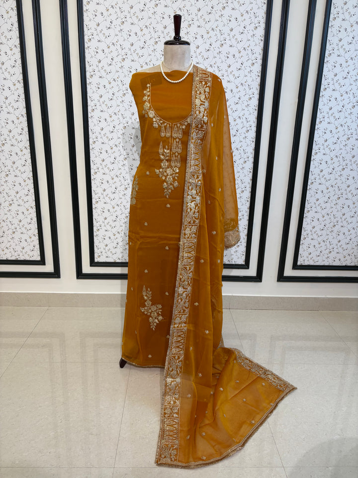 Mustard Yellow Organza Unstitched Suit with dabka Embroidery Dupatta - Festive & Wedding Wear (Copy)