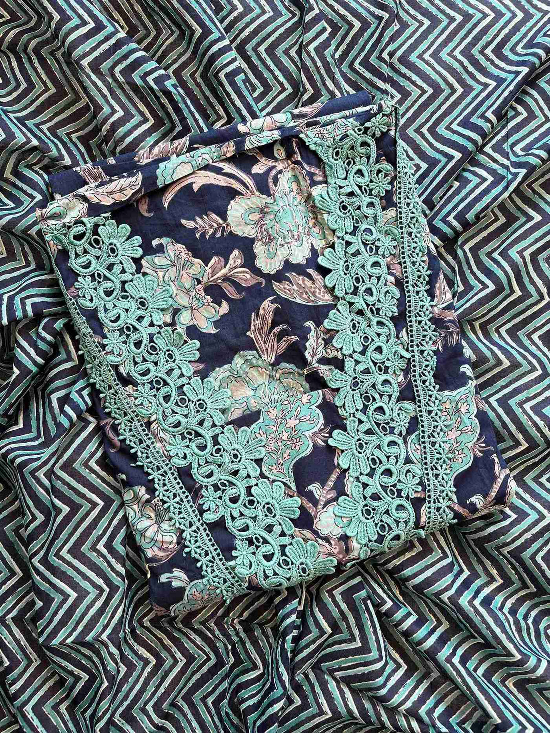 Cotton with lace work unstitched suit- The Zareesh