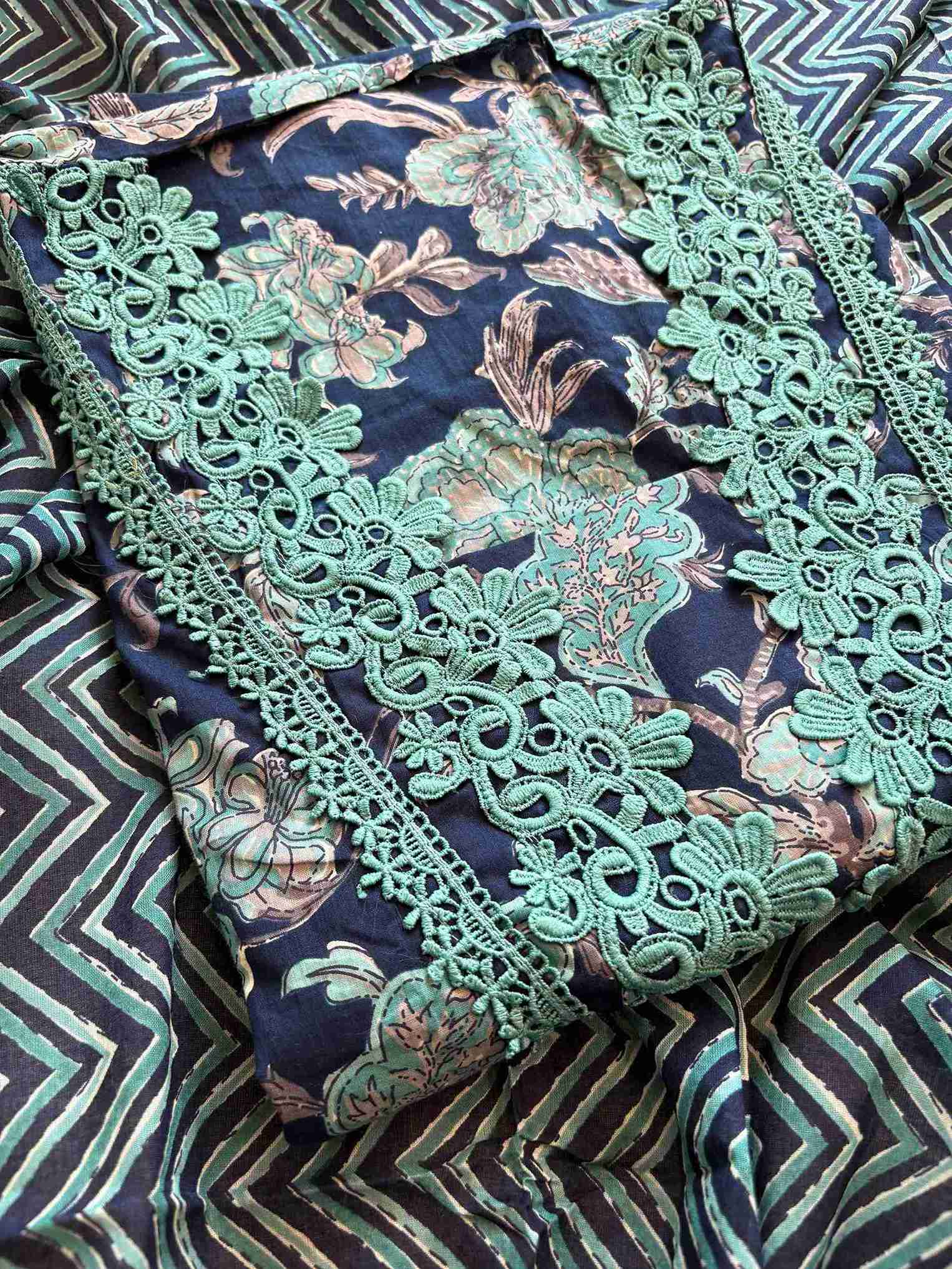 Cotton with lace work unstitched suit- The Zareesh