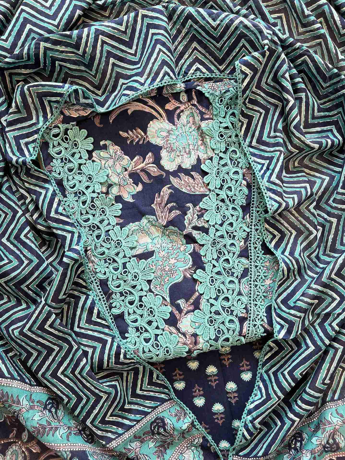 Cotton with lace work unstitched suit- The Zareesh