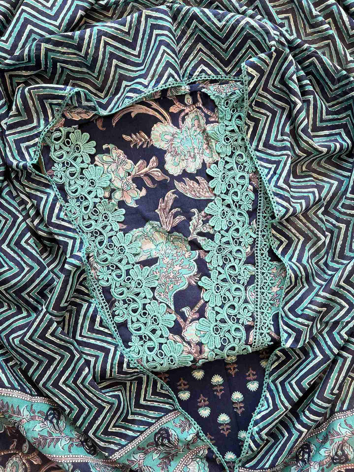 Cotton with lace work unstitched suit- The Zareesh