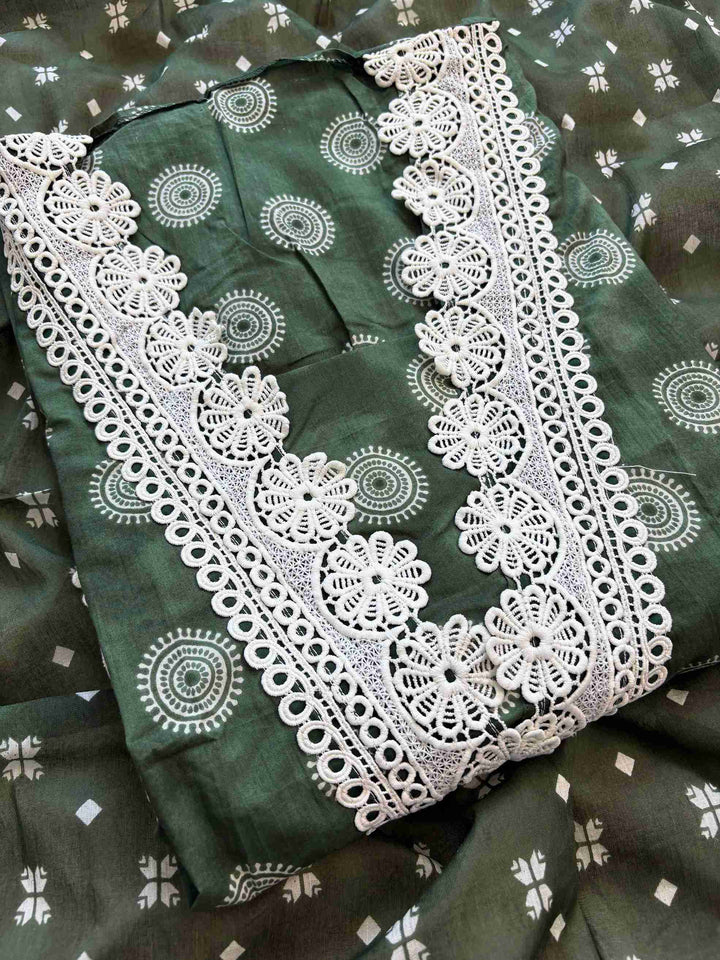 Cotton with lace work unstitched suit- The Zareesh