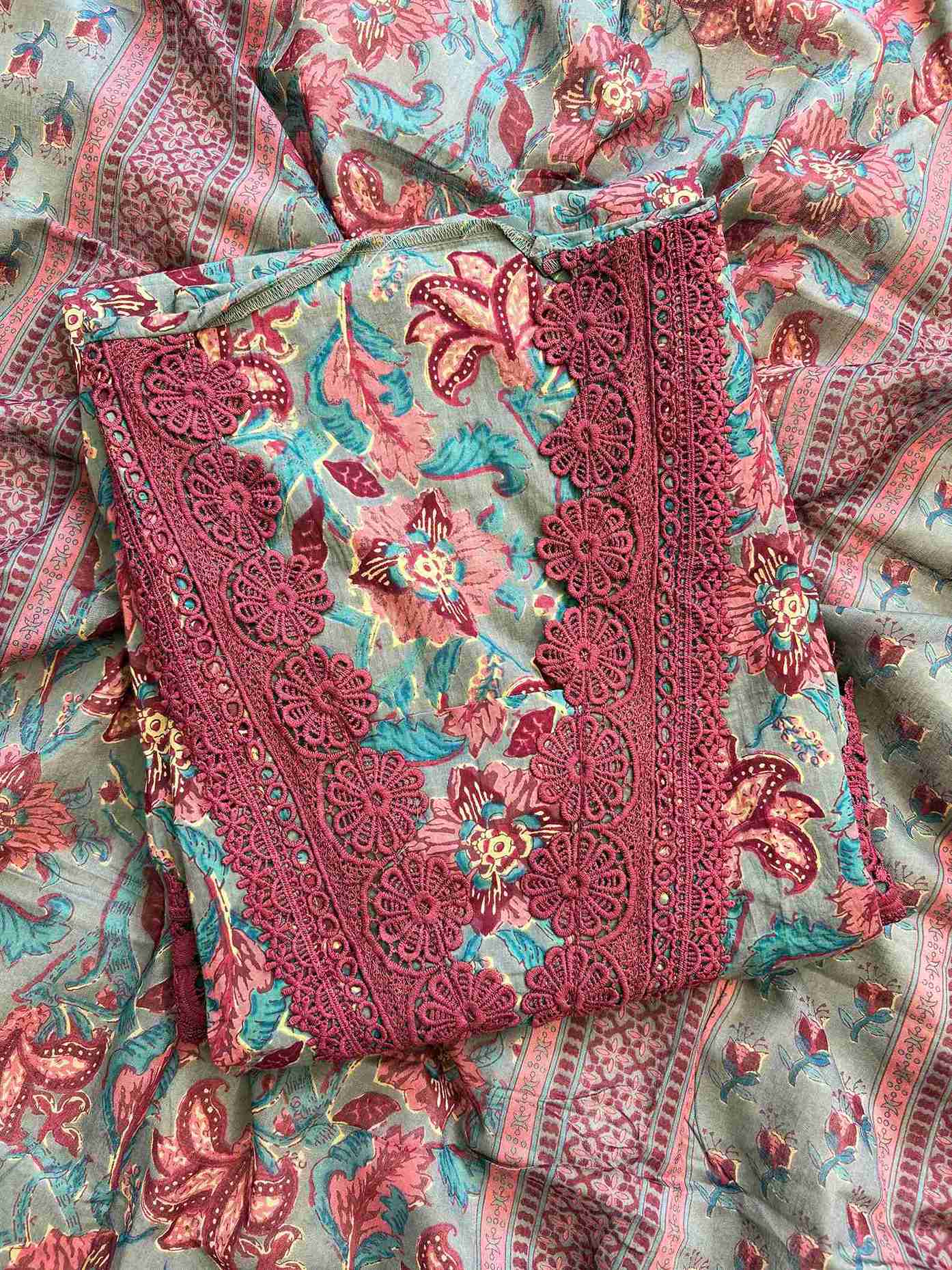 Cotton with lace work unstitched suit- The Zareesh