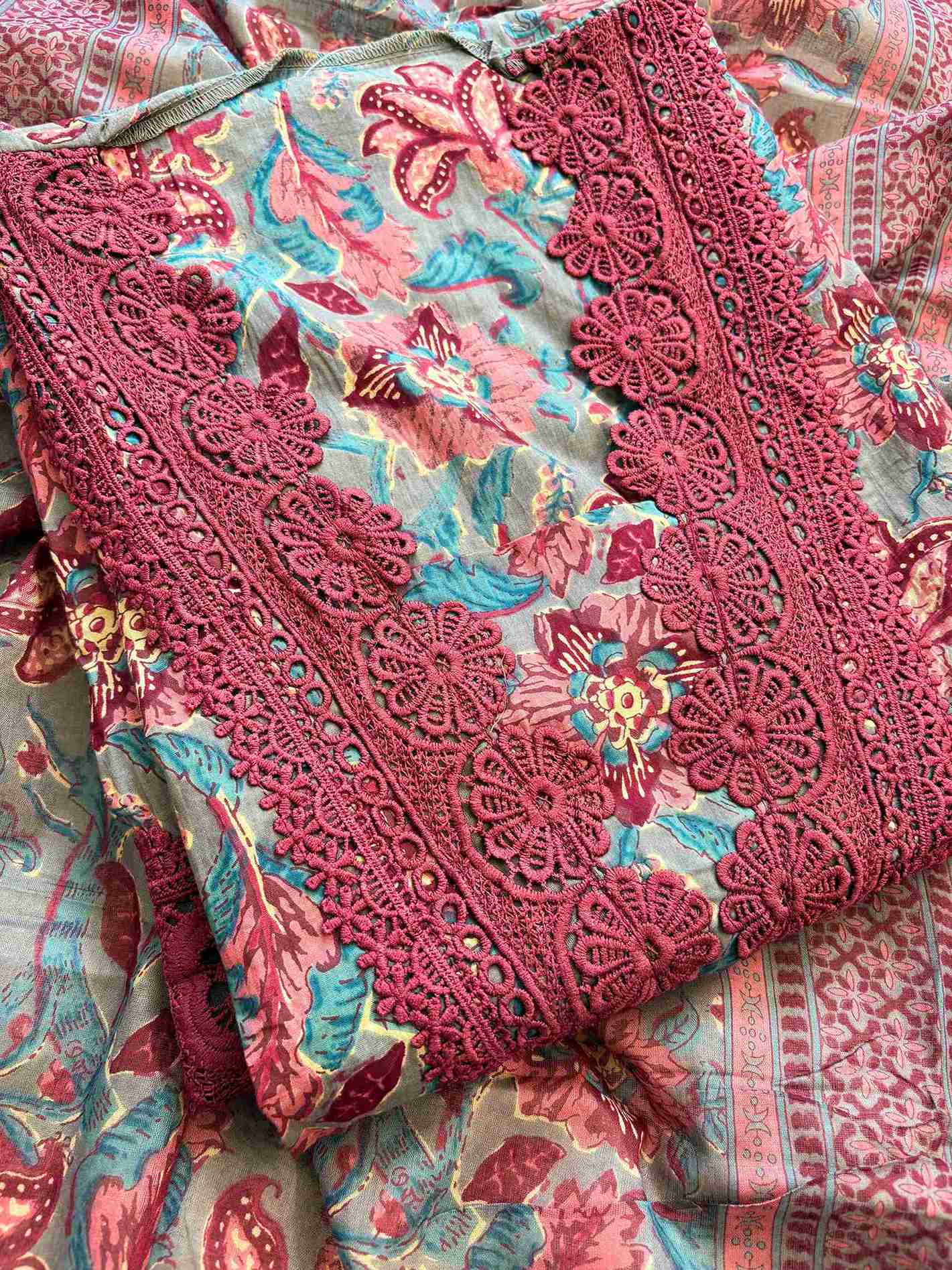 Cotton with lace work unstitched suit- The Zareesh