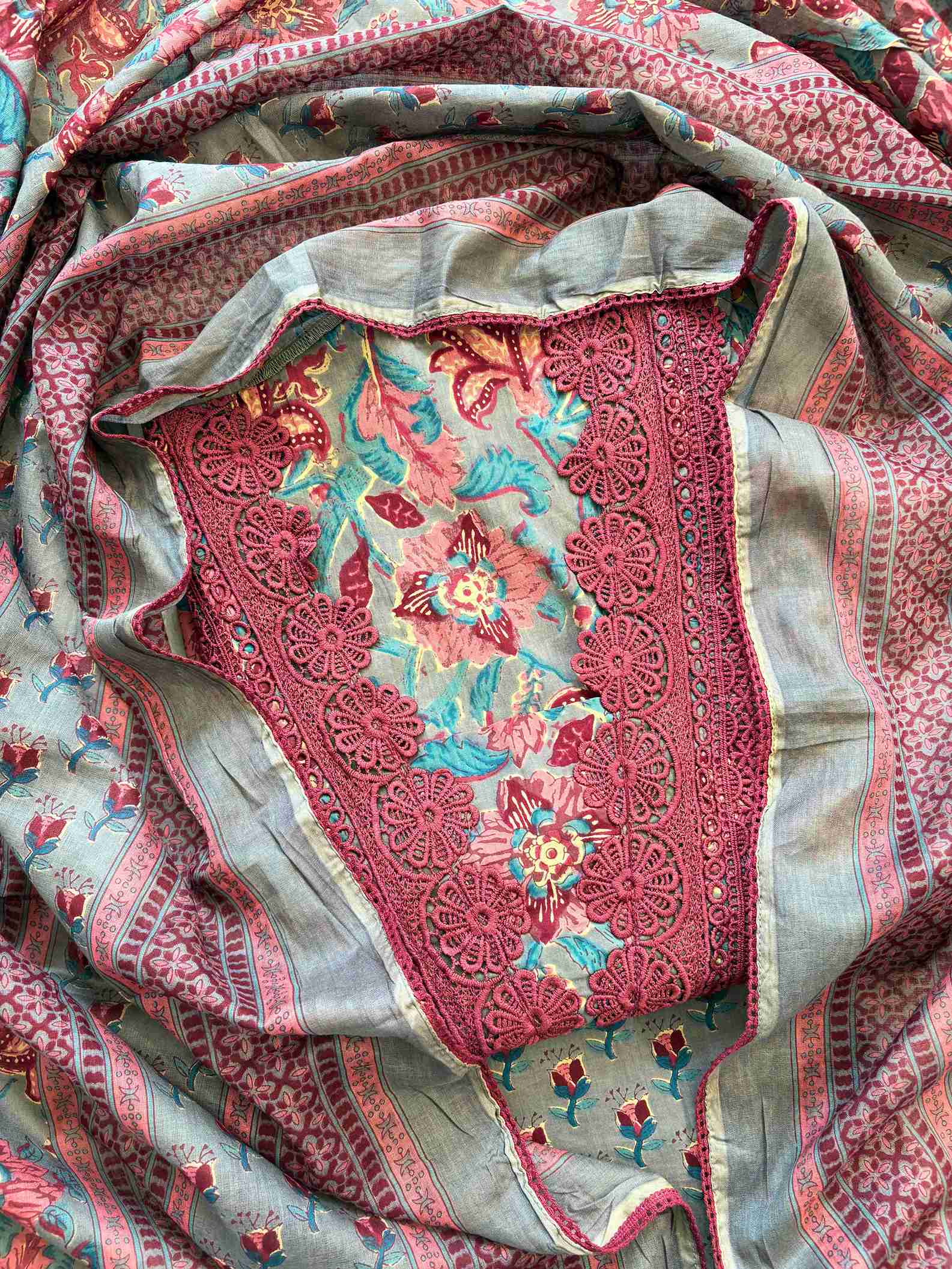 Cotton with lace work unstitched suit- The Zareesh