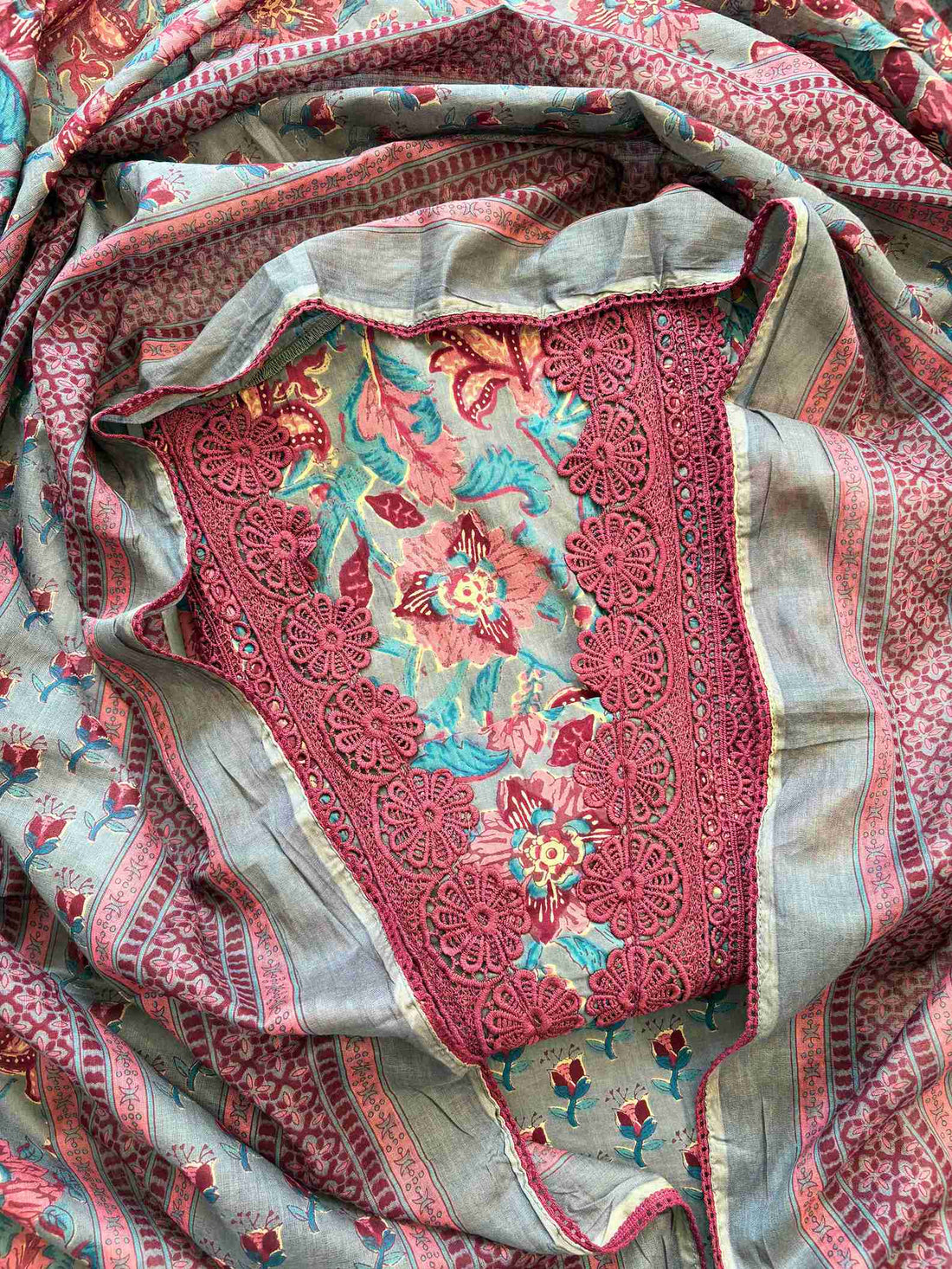 Cotton with lace work unstitched suit- The Zareesh