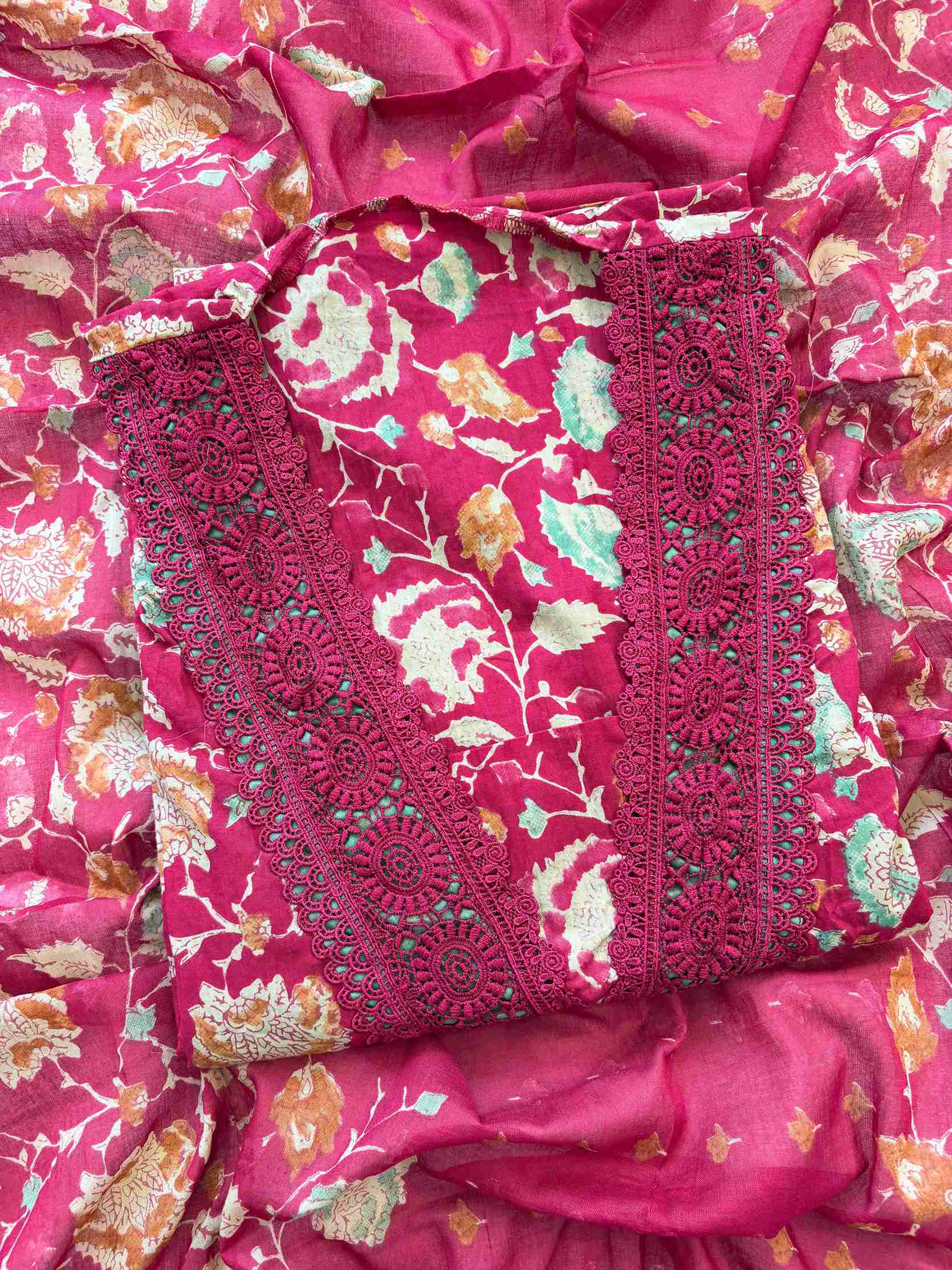 Cotton with lace work unstitched suit- The Zareesh