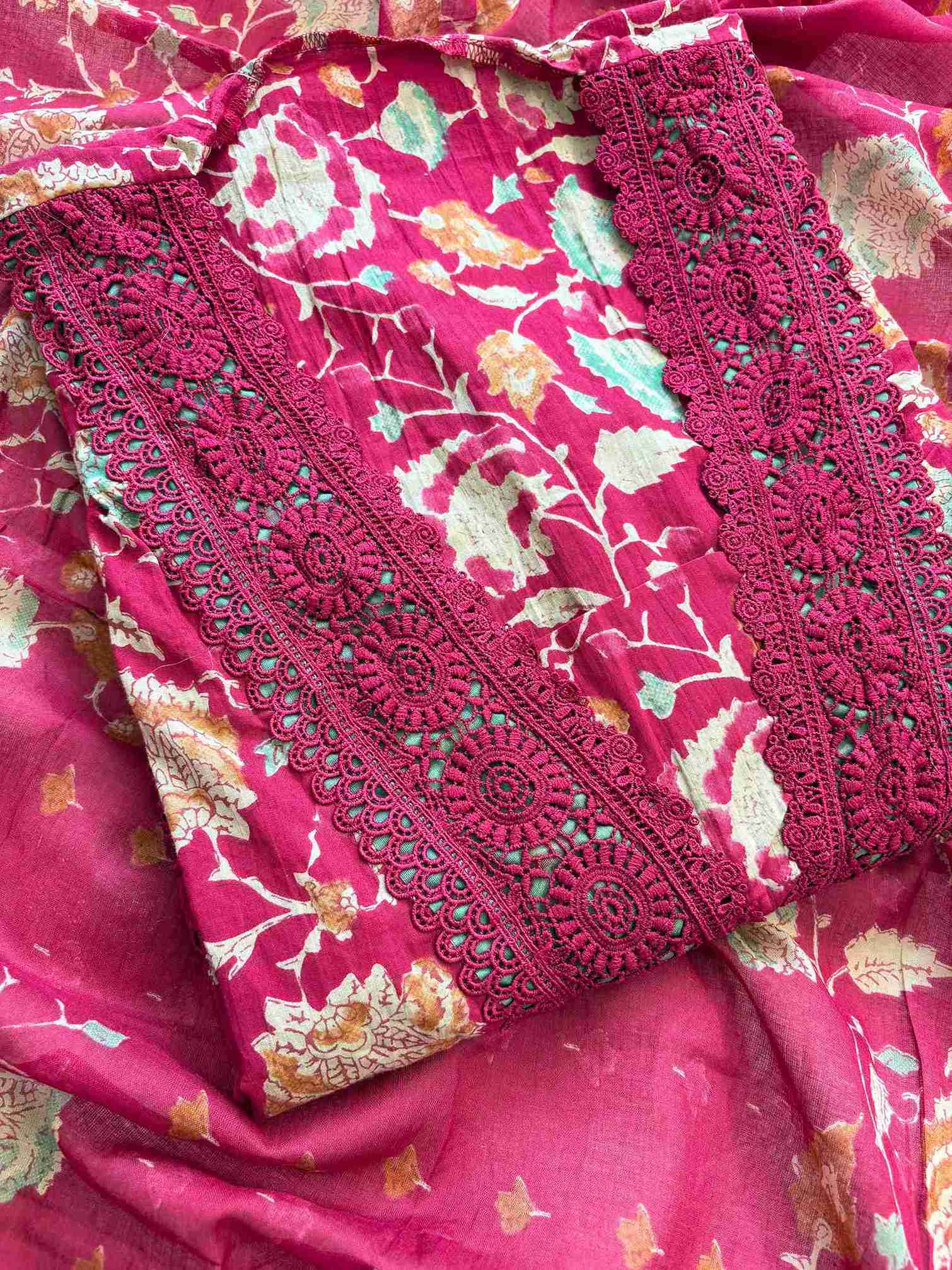 Cotton with lace work unstitched suit- The Zareesh