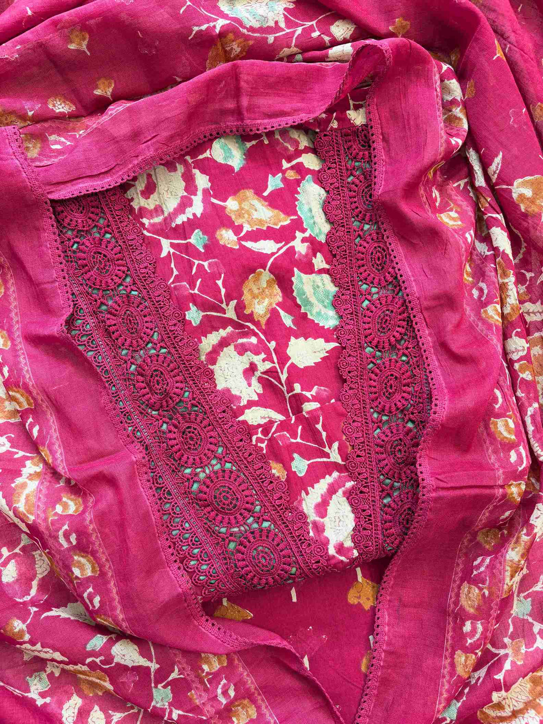 Cotton with lace work unstitched suit- The Zareesh