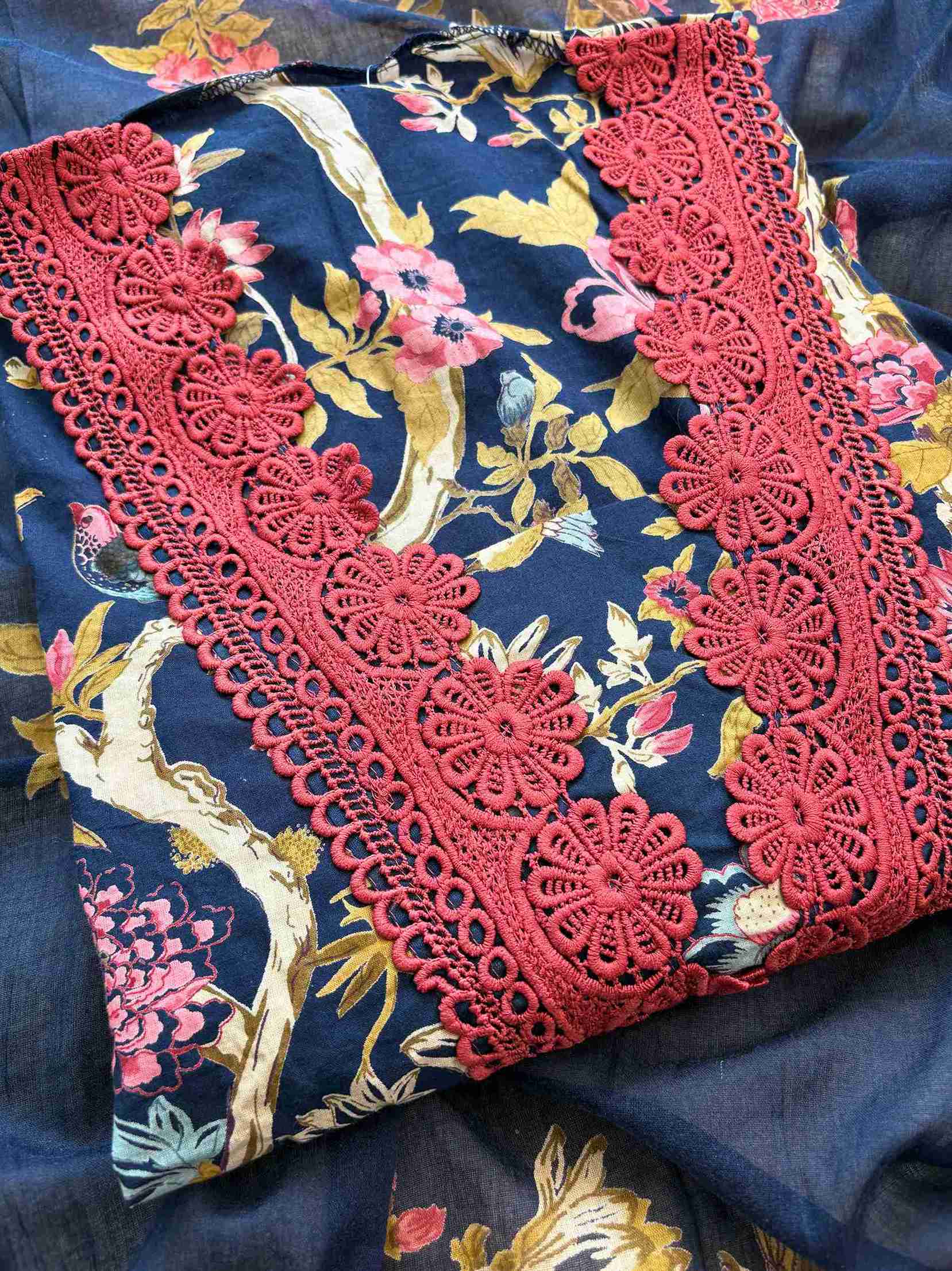 Cotton with lace work unstitched suit- The Zareesh