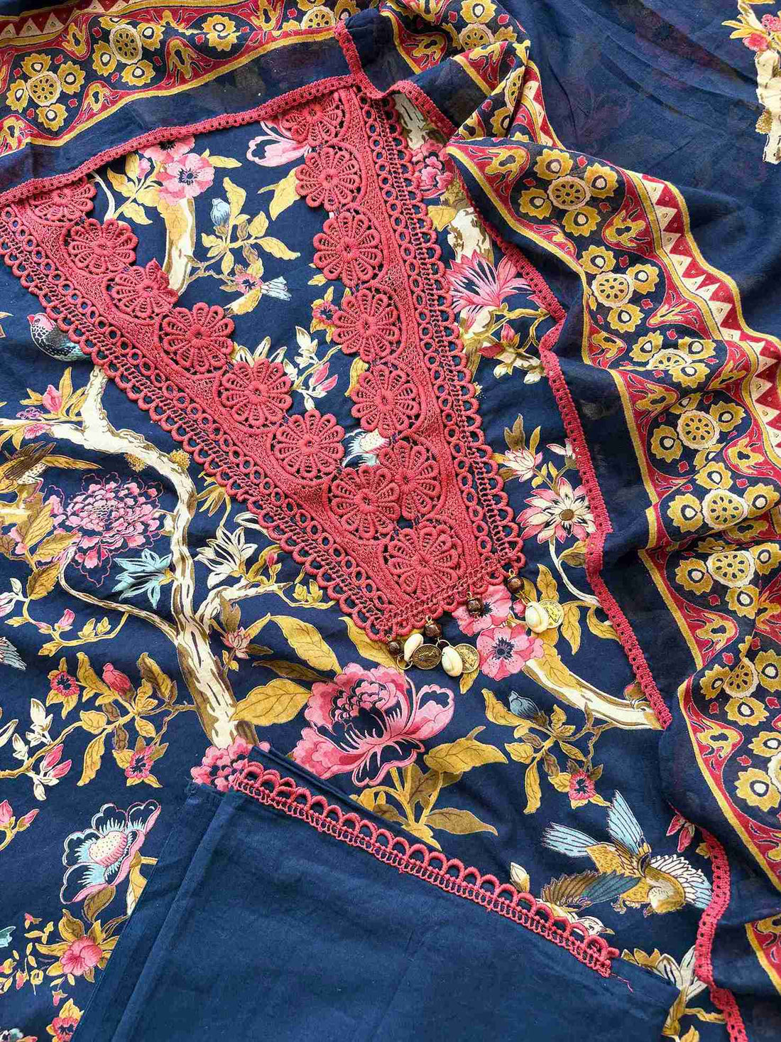 Cotton with lace work unstitched suit- The Zareesh