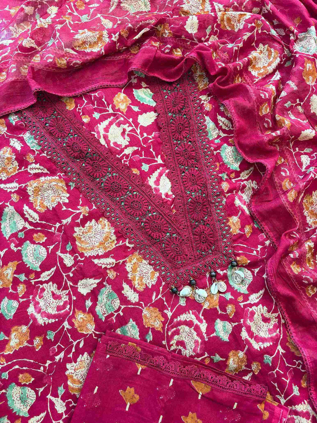 Cotton with lace work unstitched suit- The Zareesh