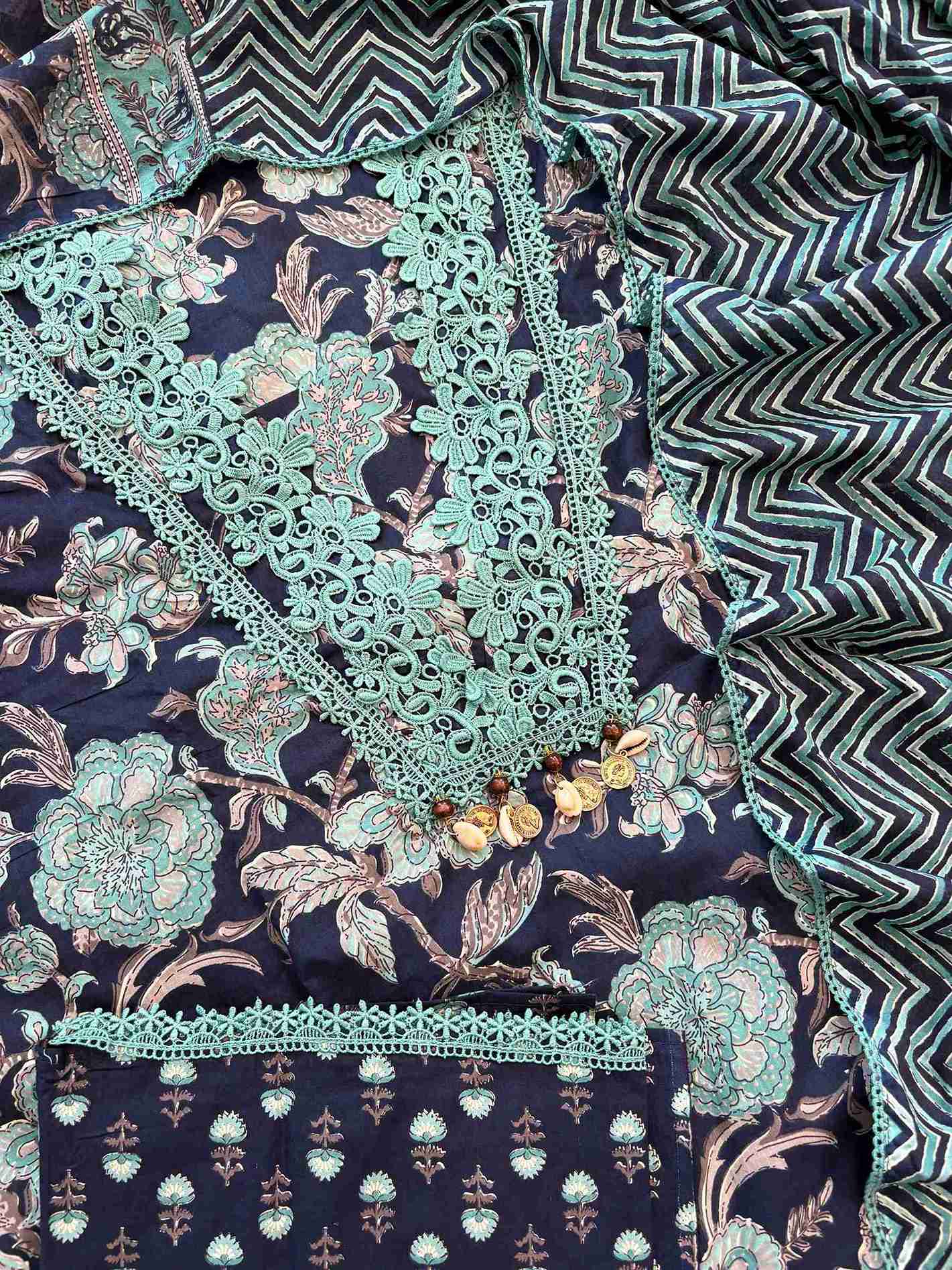 Cotton with lace work unstitched suit- The Zareesh