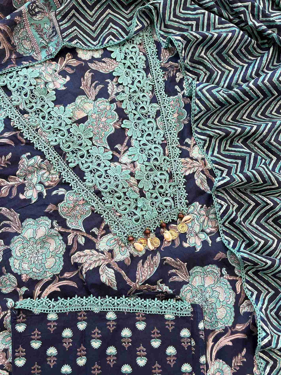 Cotton with lace work unstitched suit- The Zareesh