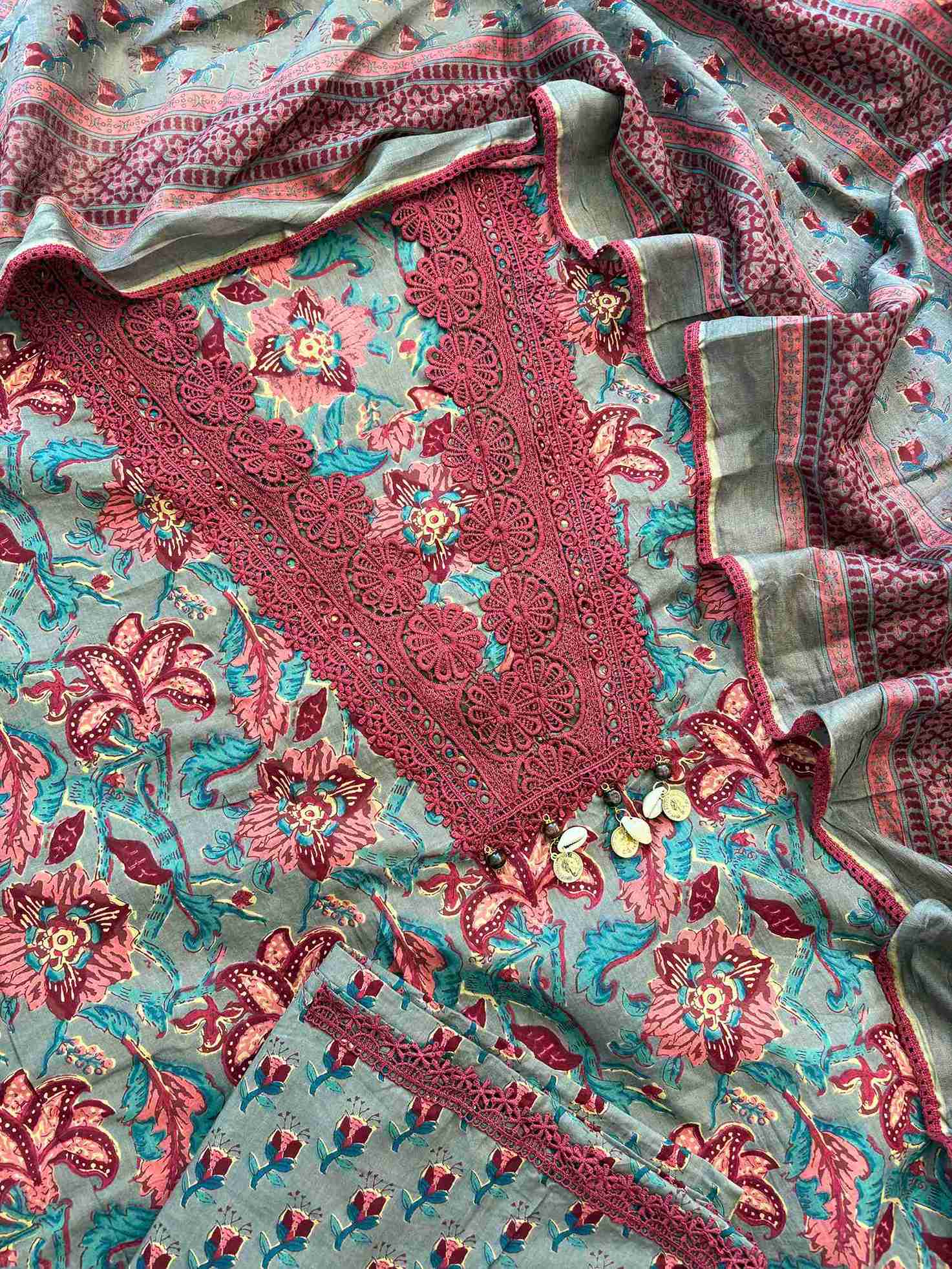 Cotton with lace work unstitched suit- The Zareesh