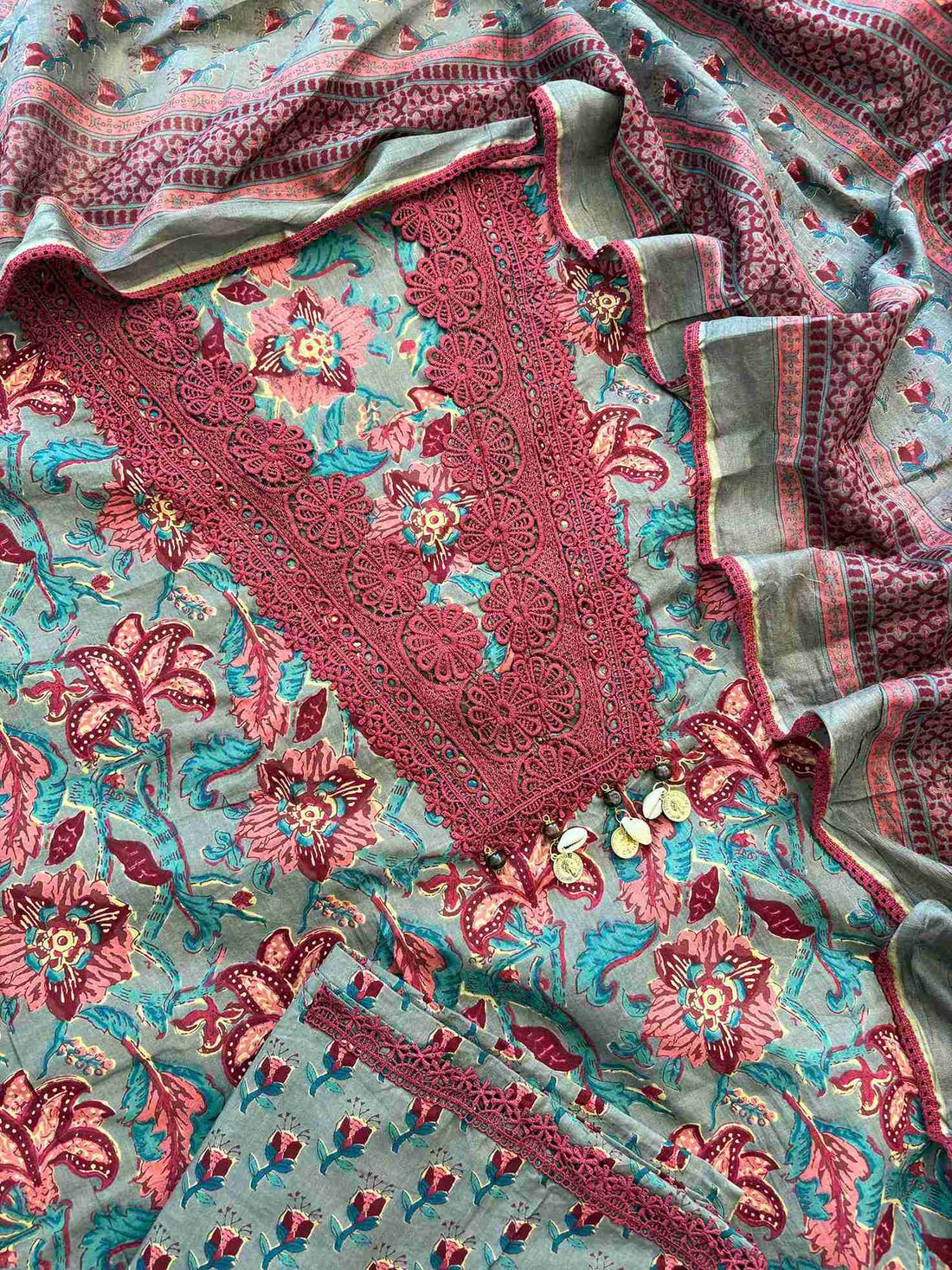 Cotton with lace work unstitched suit- The Zareesh