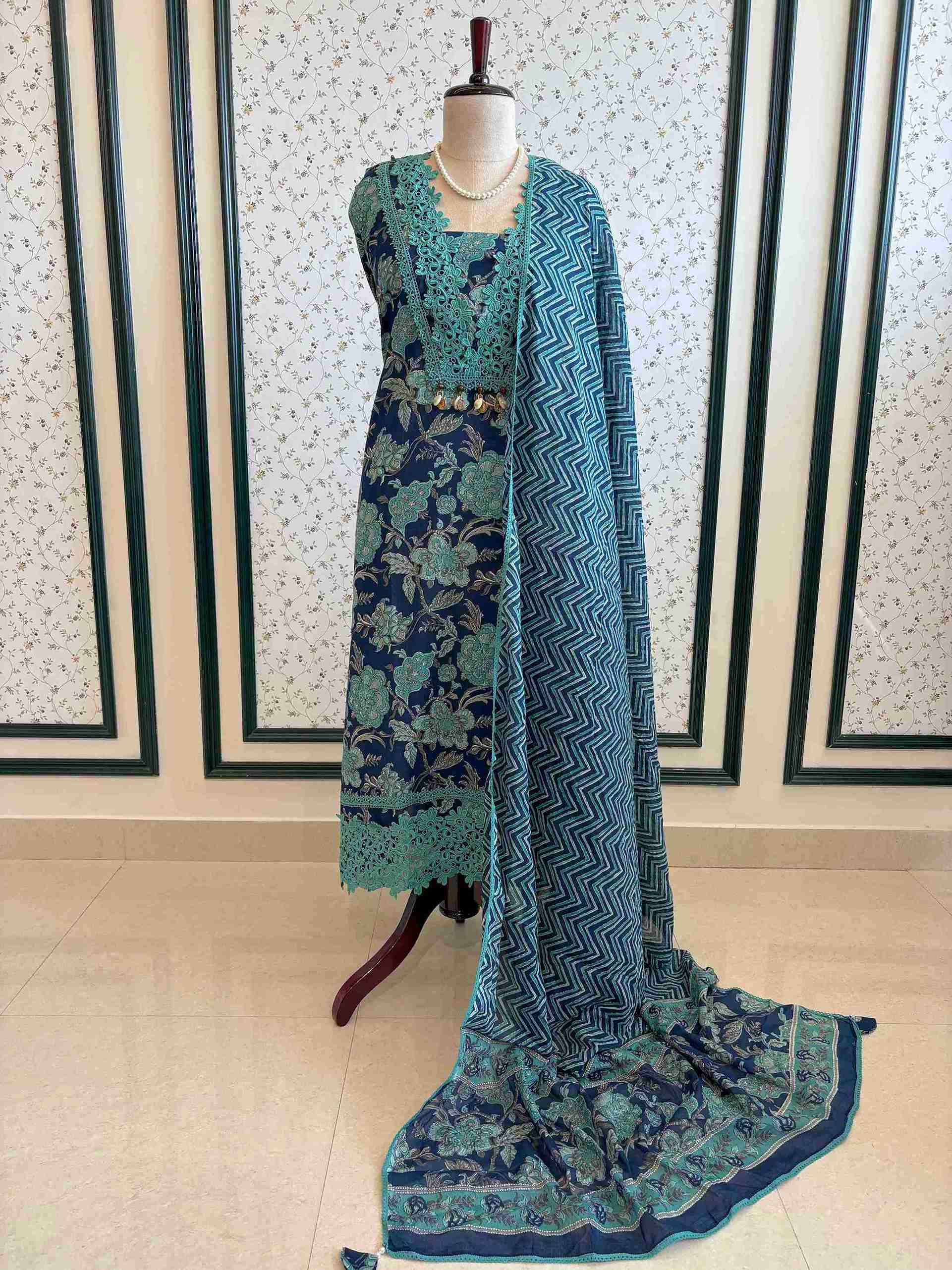 Cotton with lace work unstitched suit- The Zareesh