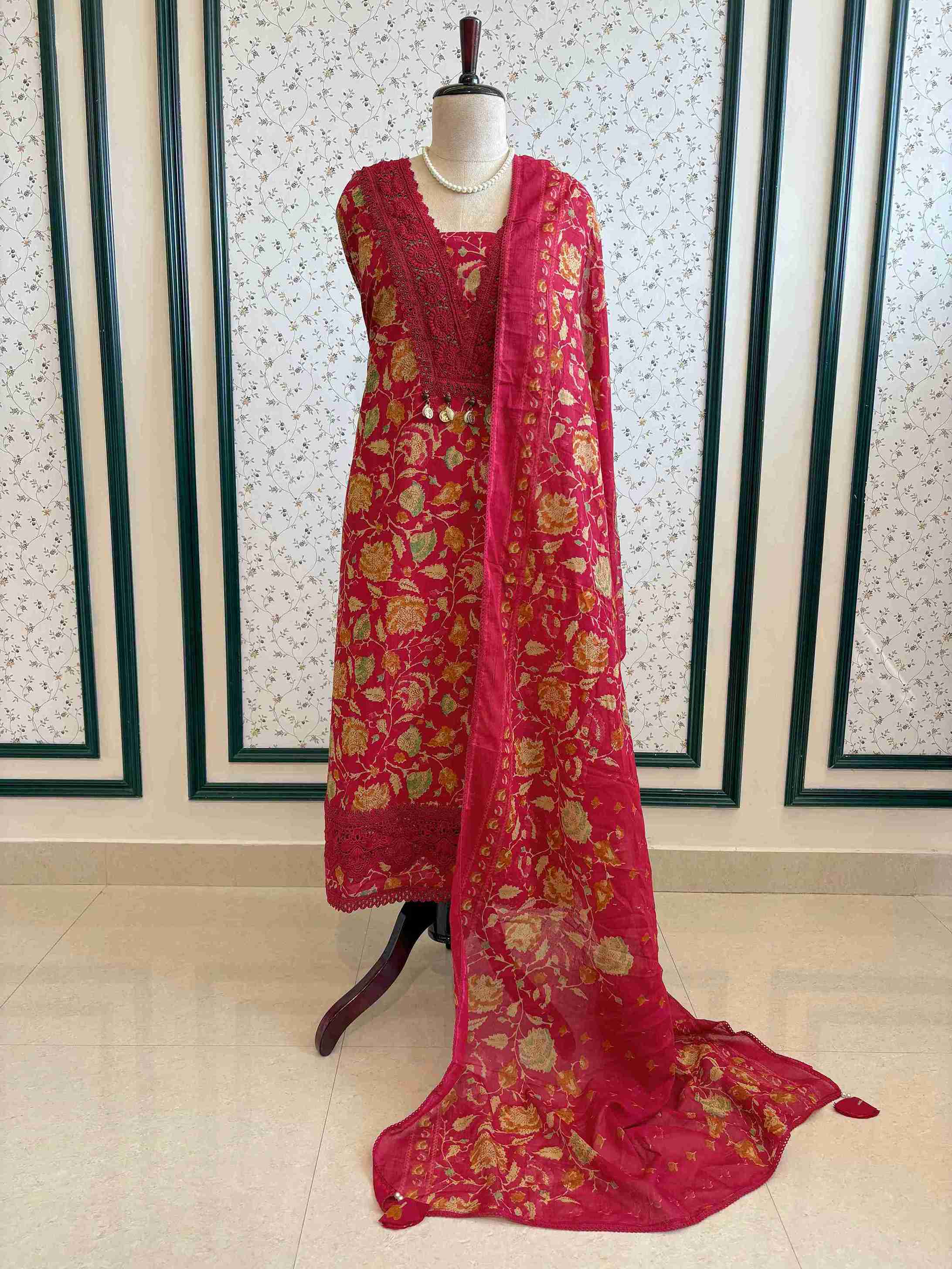 Cotton with lace work unstitched suit- The Zareesh