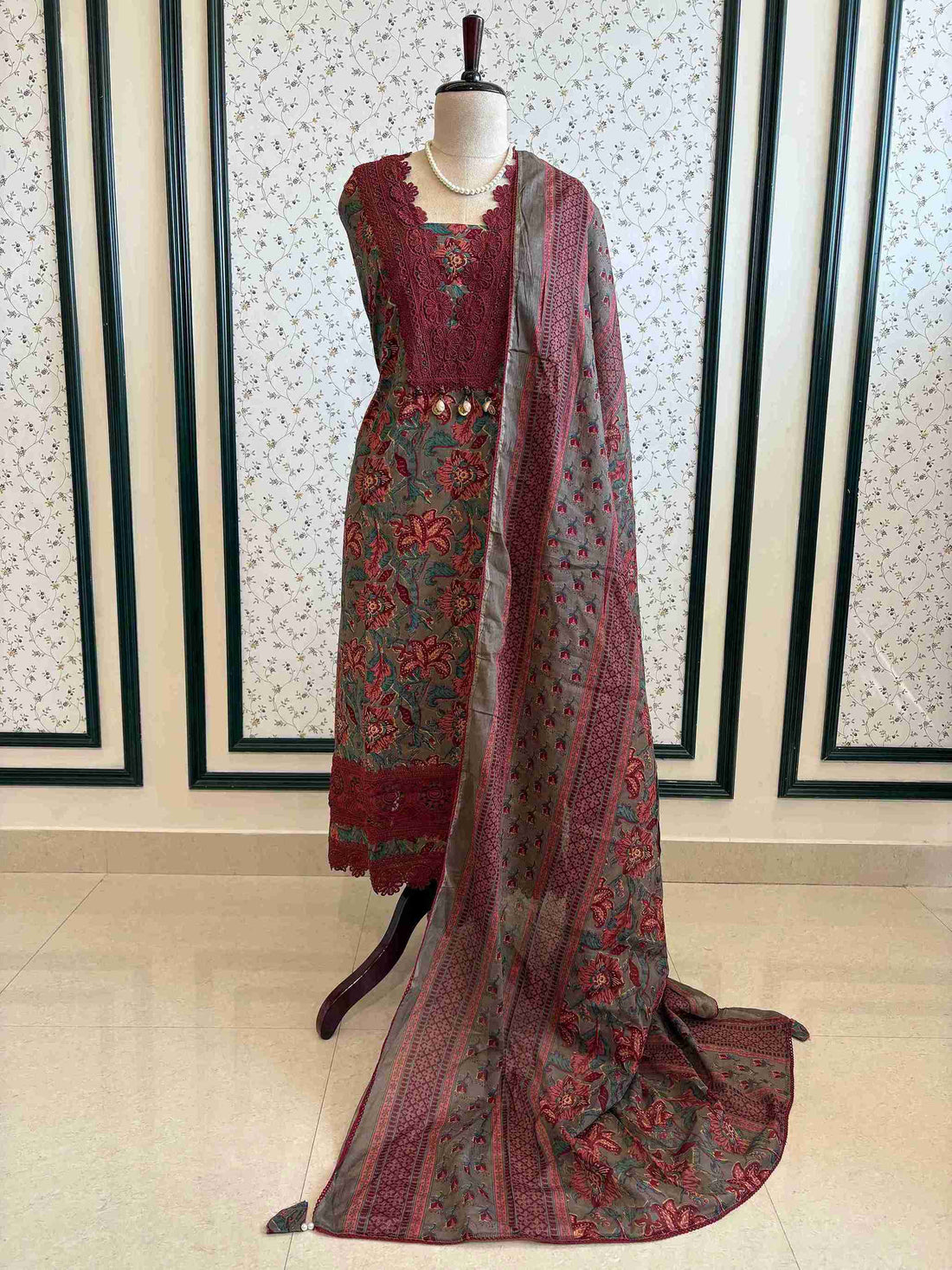 Cotton with lace work unstitched suit- The Zareesh