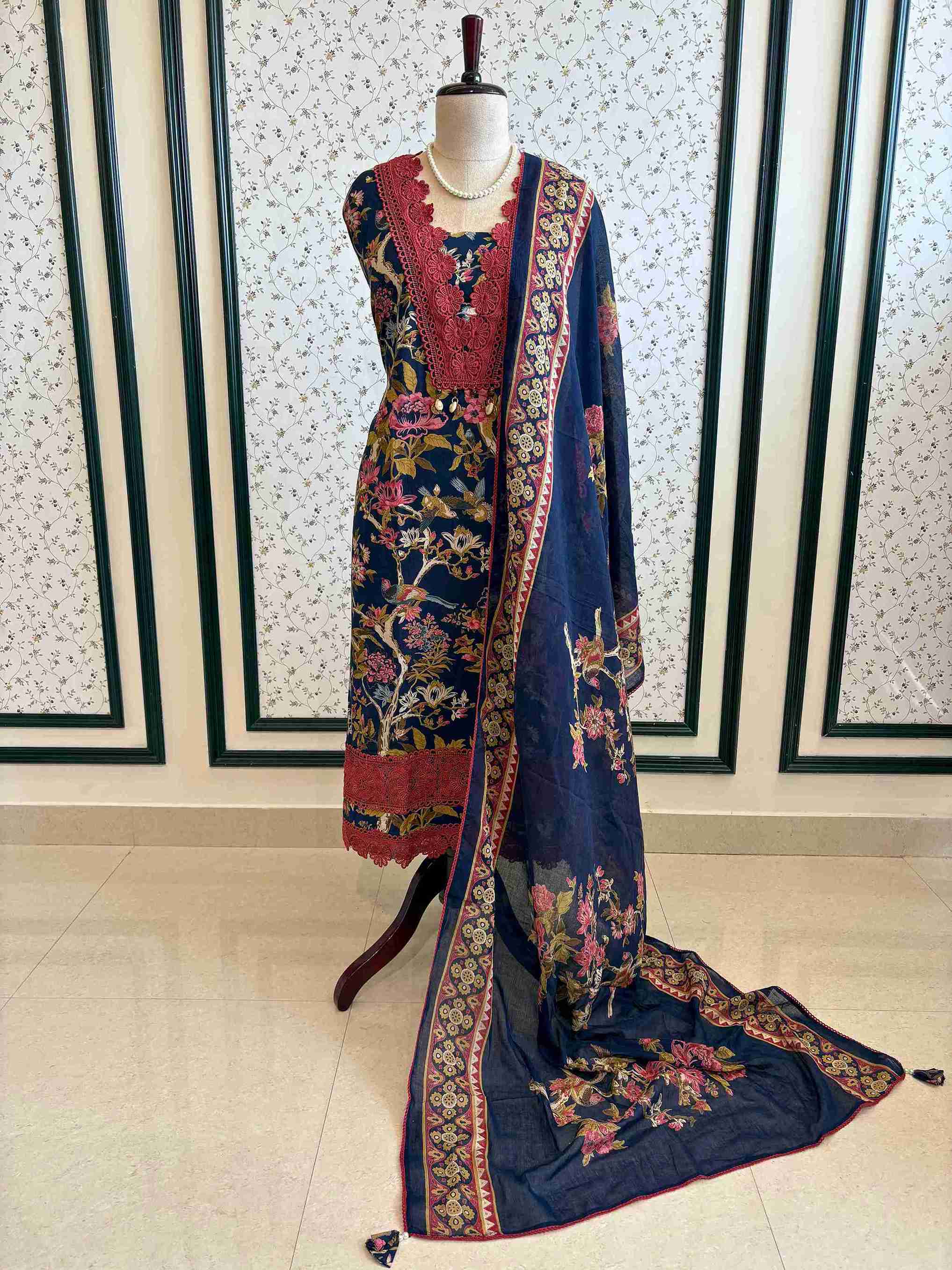 Cotton with lace work unstitched suit- The Zareesh