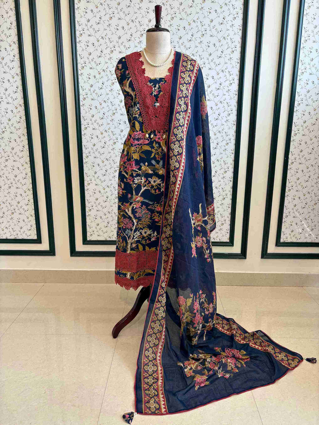 Cotton with lace work unstitched suit- The Zareesh