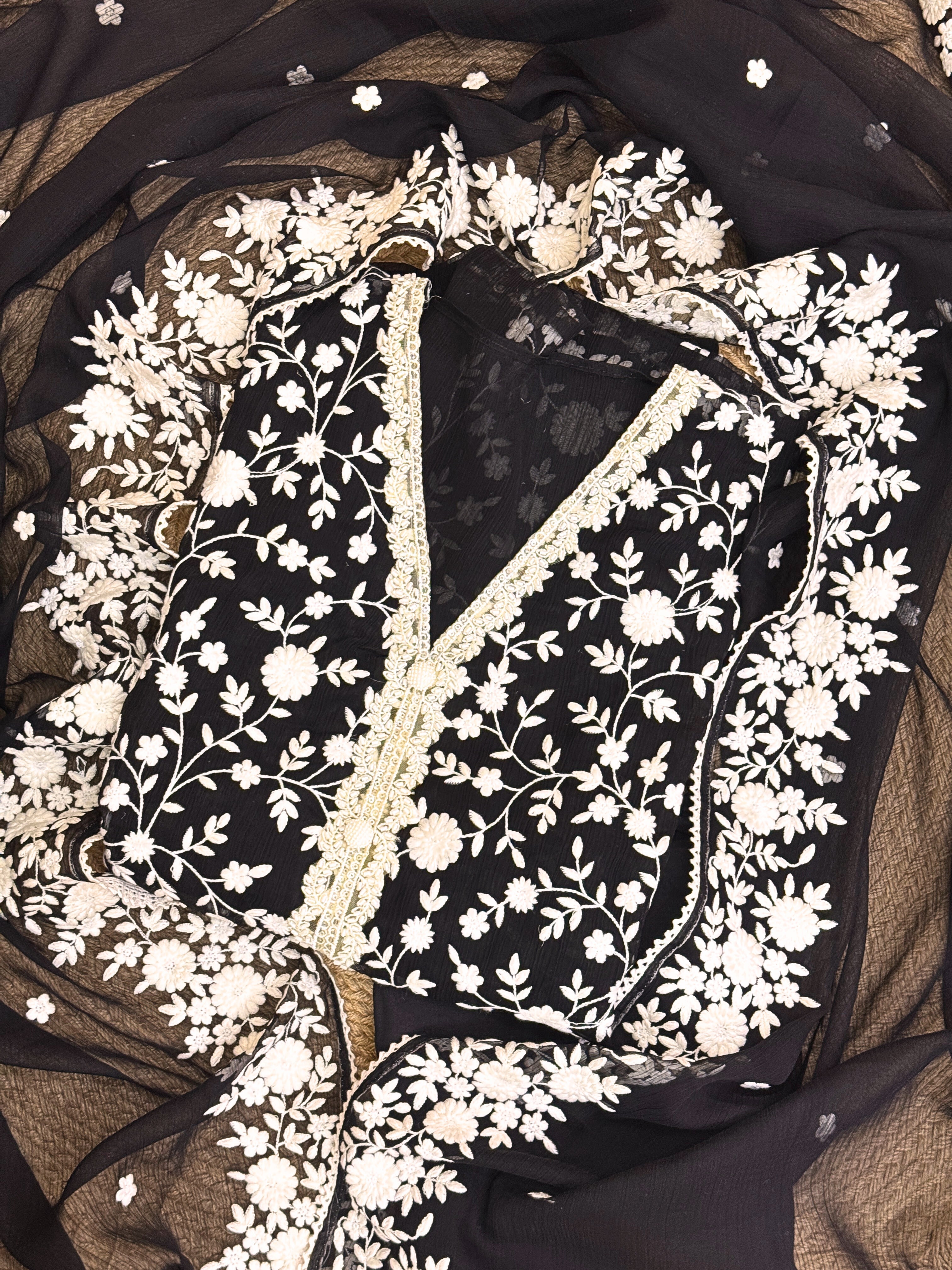 Soft chiffon unstitched suit with ivory thread embroidery