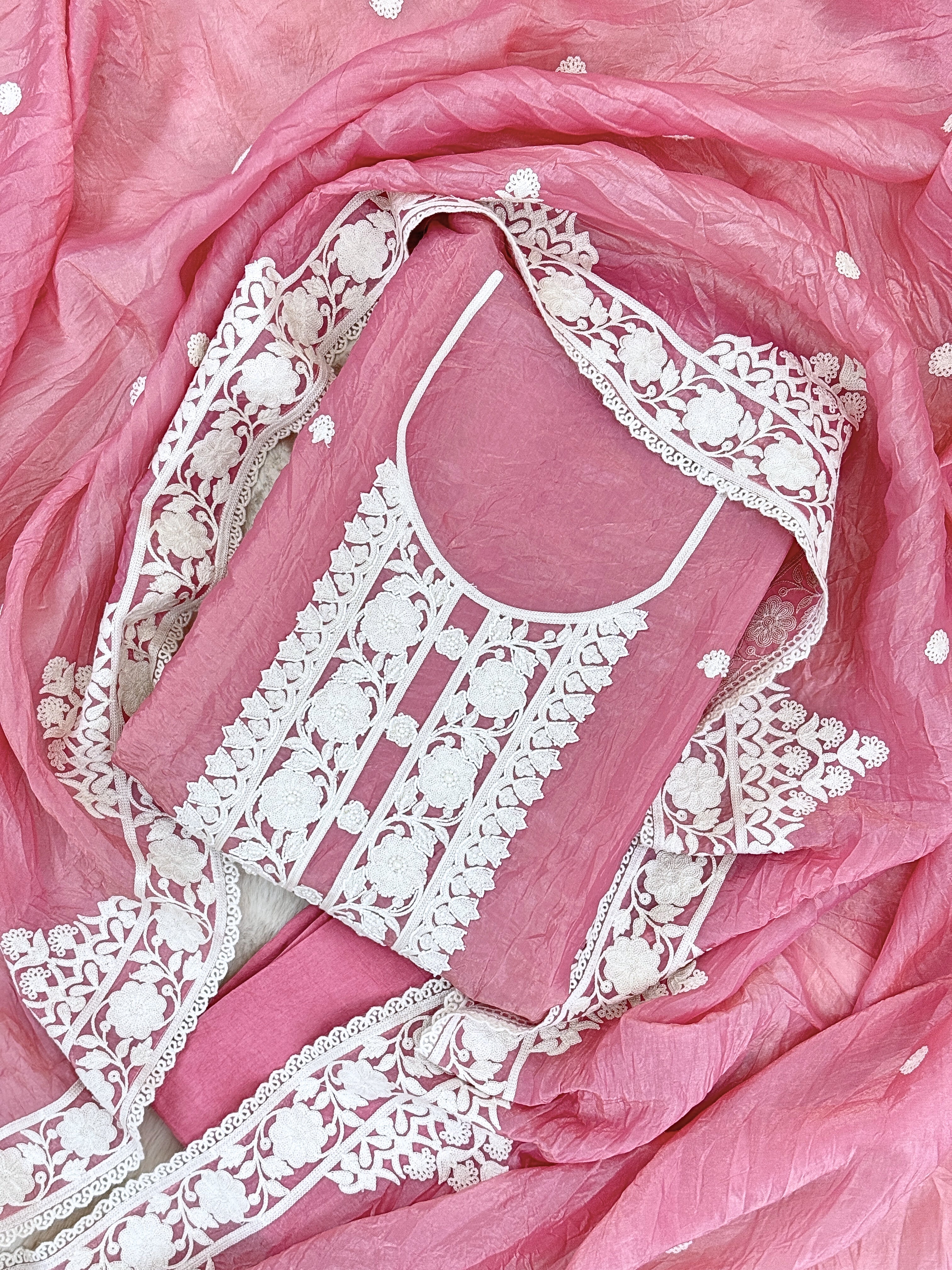 Soft Tissue Unstitched Suit with Thread work on Neck