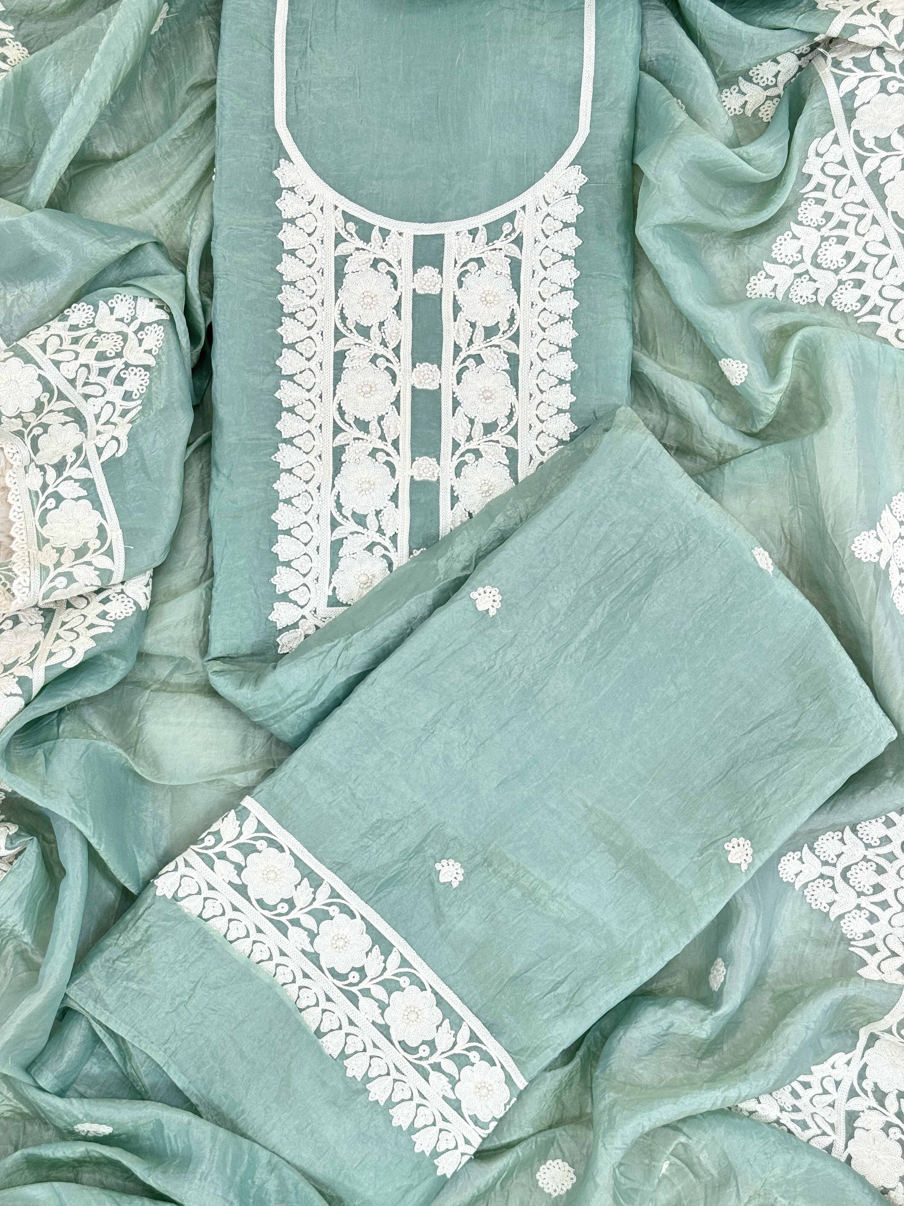 Soft Tissue Unstitched Suit with Thread work on Neck