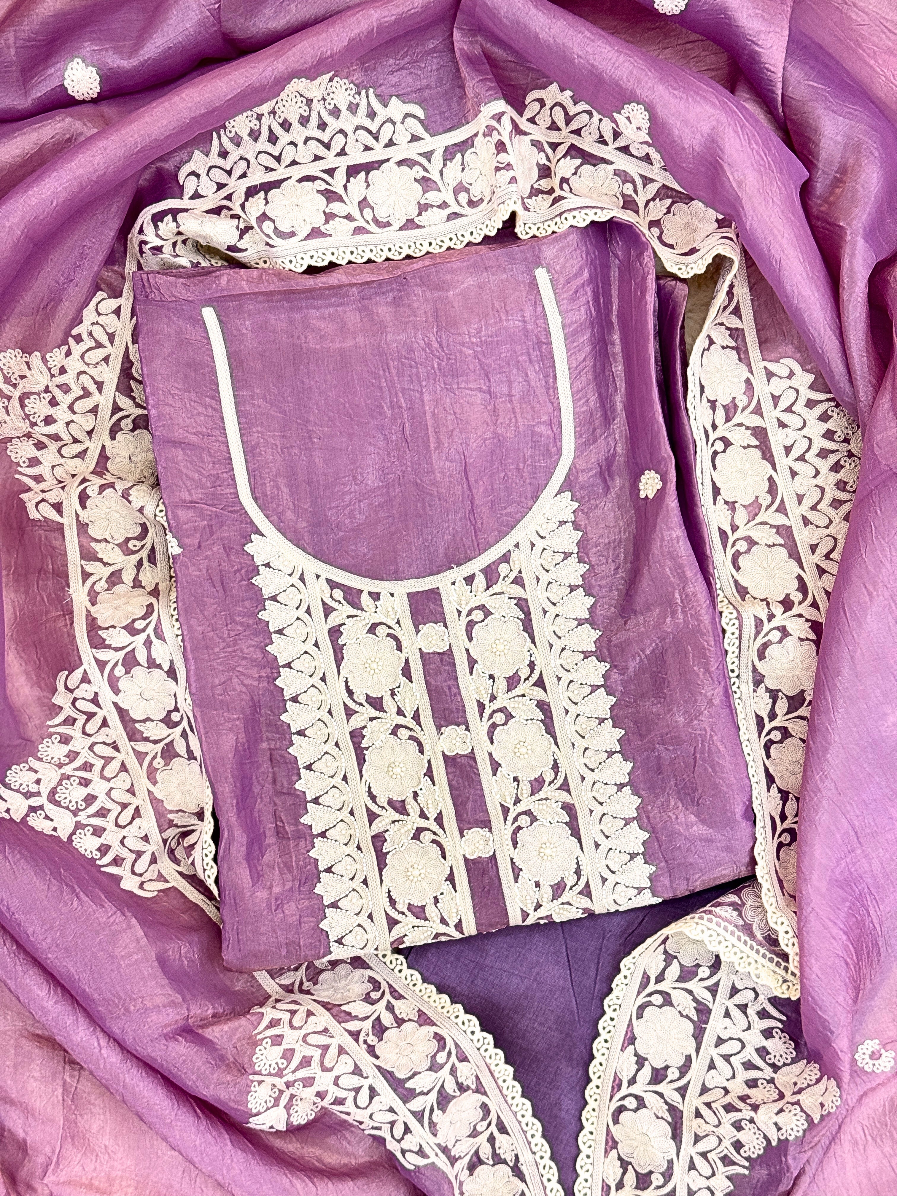 Soft Tissue Unstitched Suit with Thread work on Neck