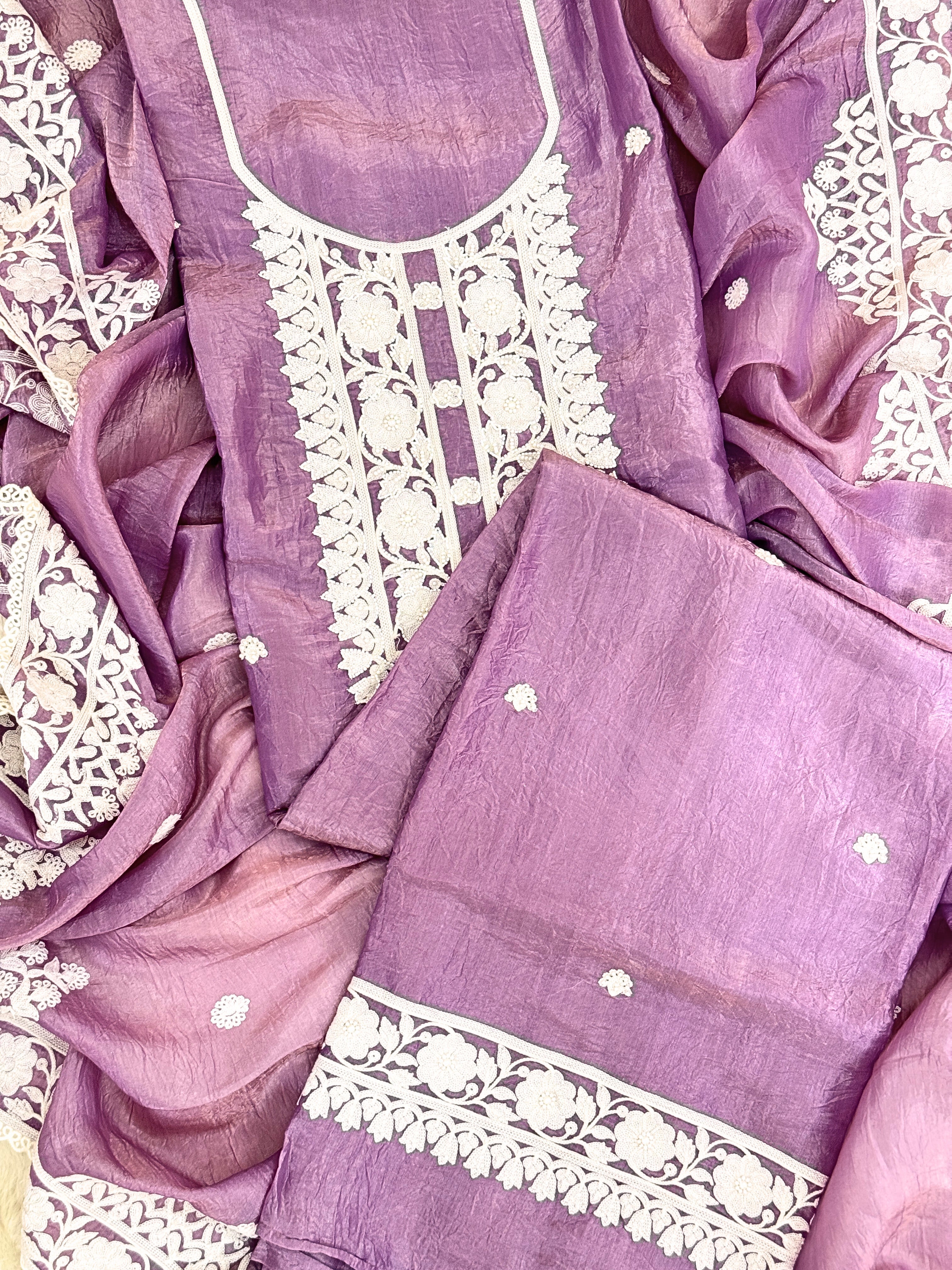 Soft Tissue Unstitched Suit with Thread work on Neck