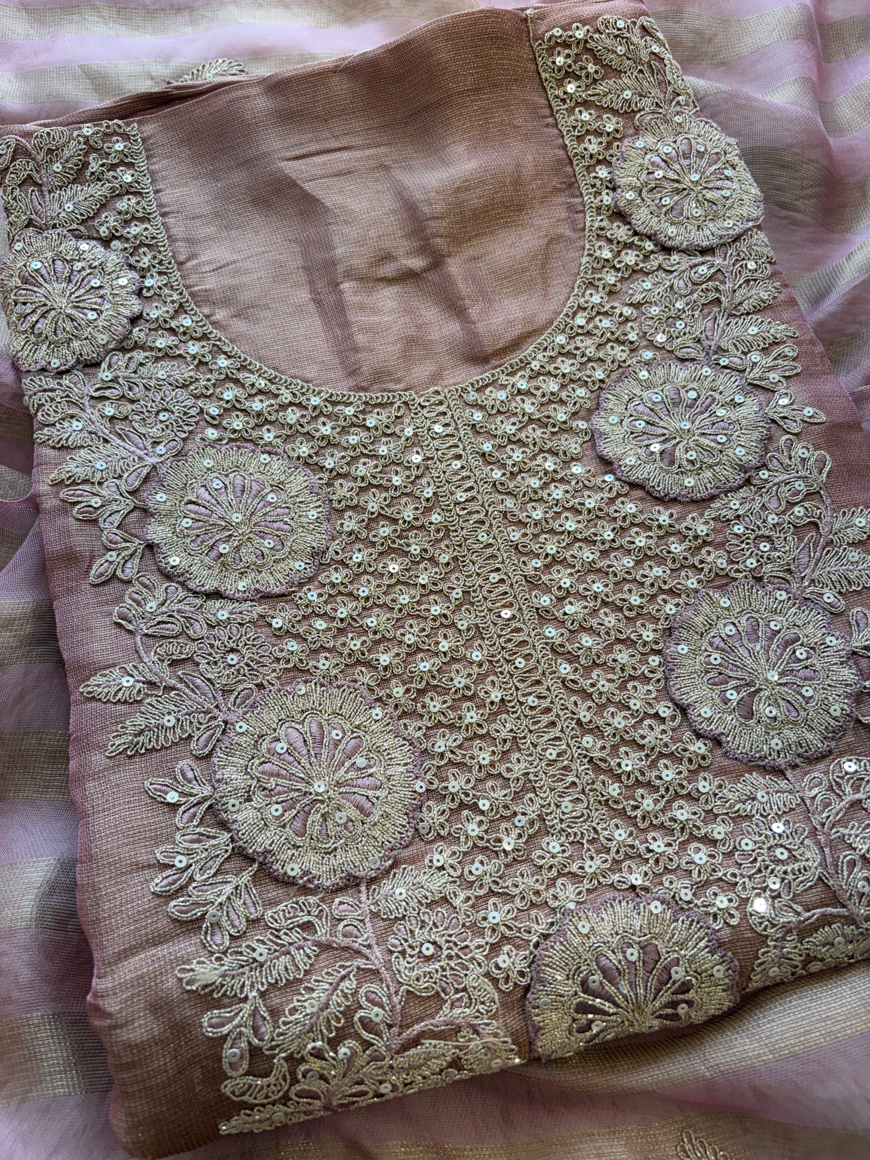 Tissue Unstitched Suit with Heavy Dori Work Neckline and Hemline