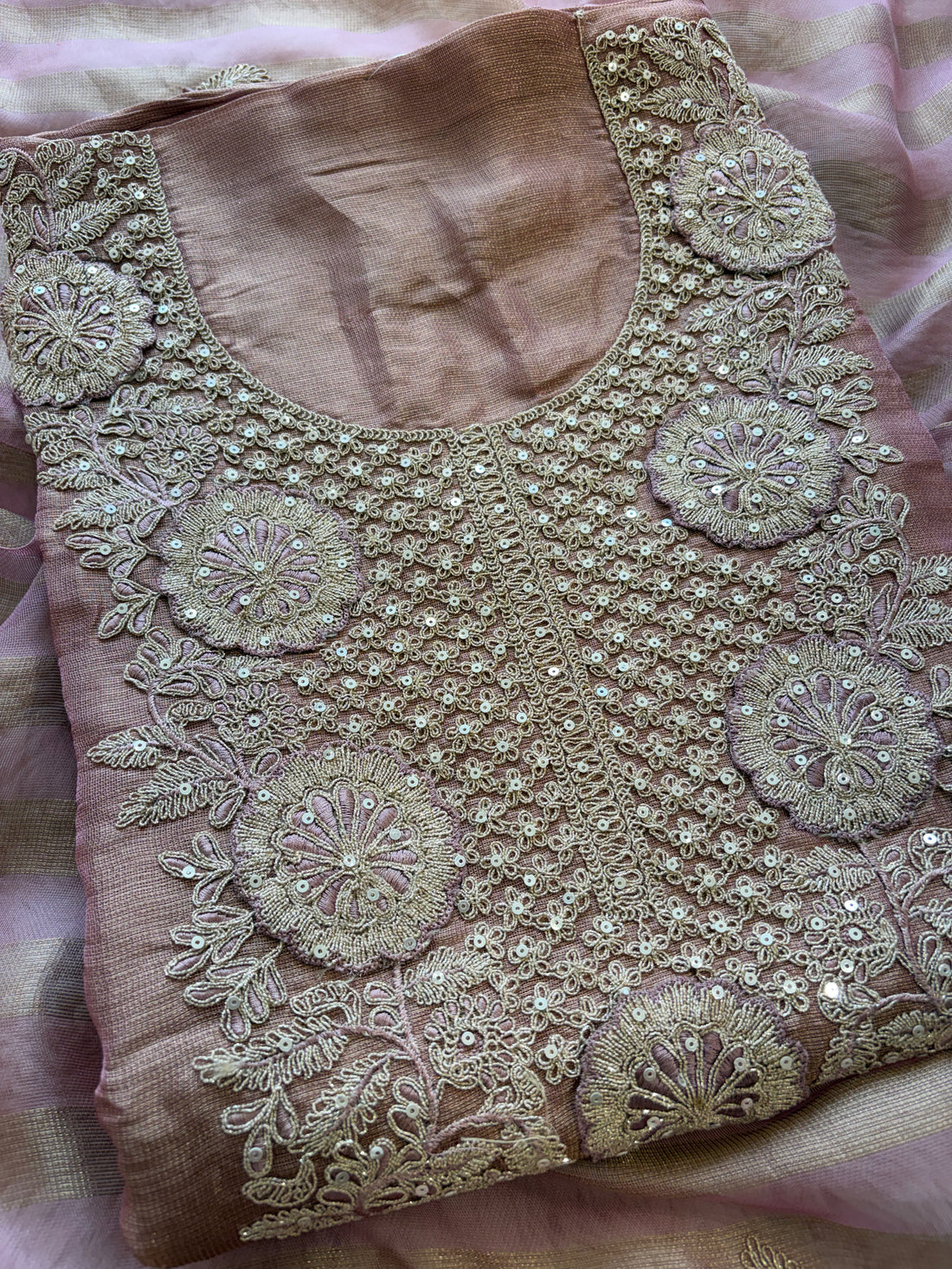 Tissue Unstitched Suit with Heavy Dori Work Neckline and Hemline