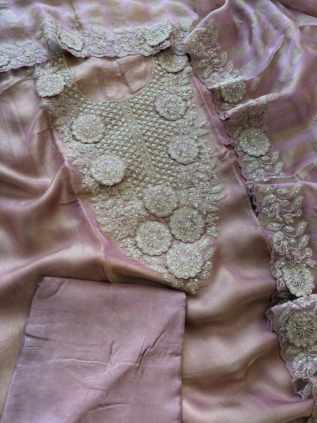 Tissue Unstitched Suit with Heavy Dori Work Neckline and Hemline