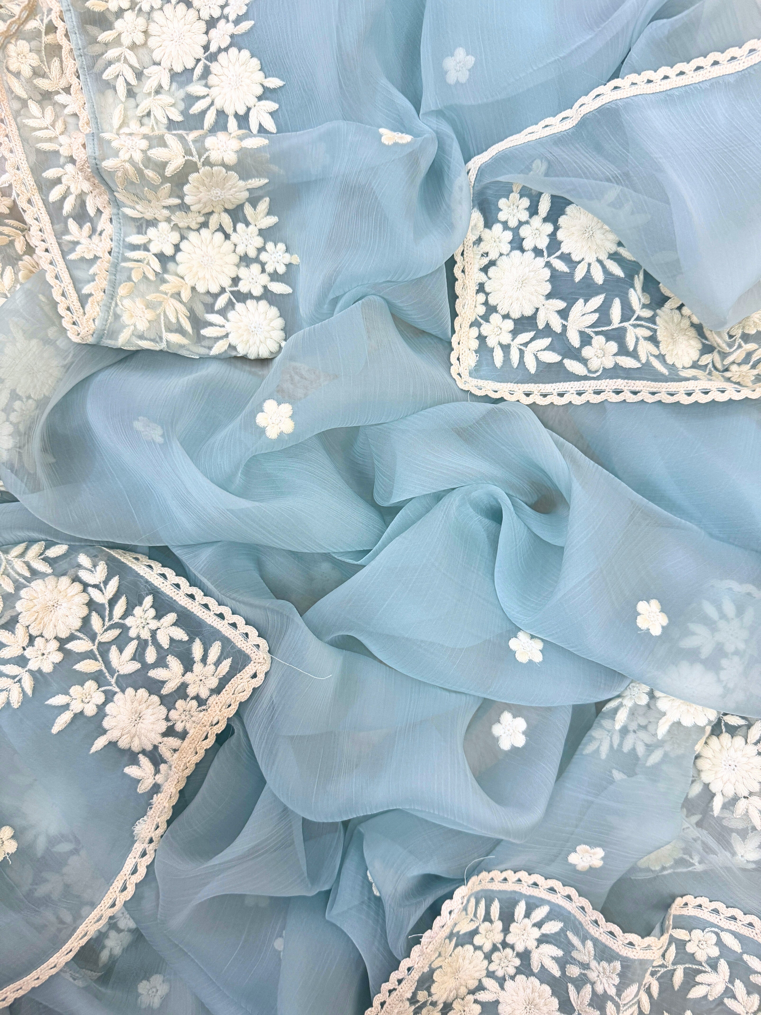 Soft chiffon unstitched suit with ivory thread embroidery