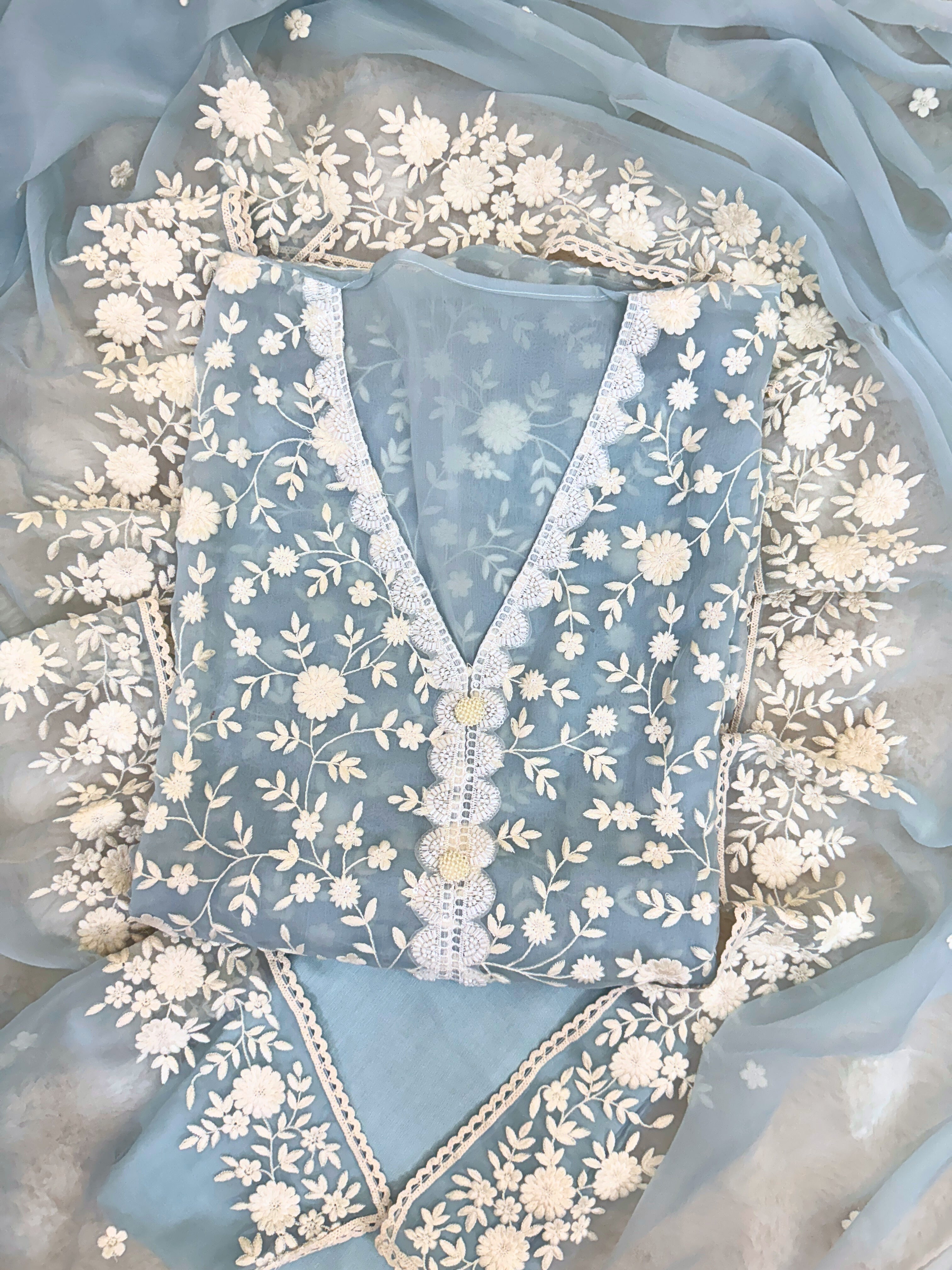 Soft chiffon unstitched suit with ivory thread embroidery