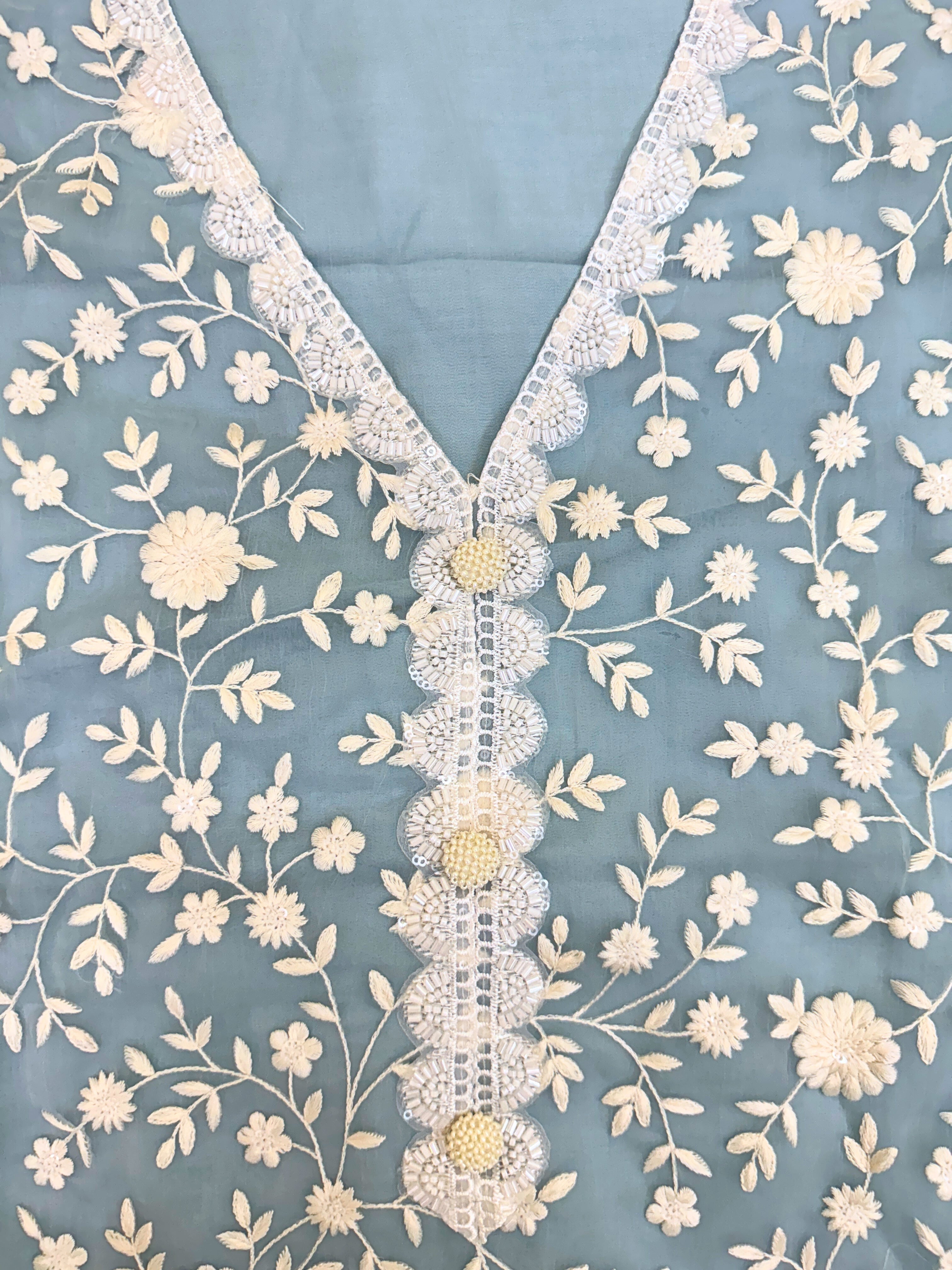 Soft chiffon unstitched suit with ivory thread embroidery