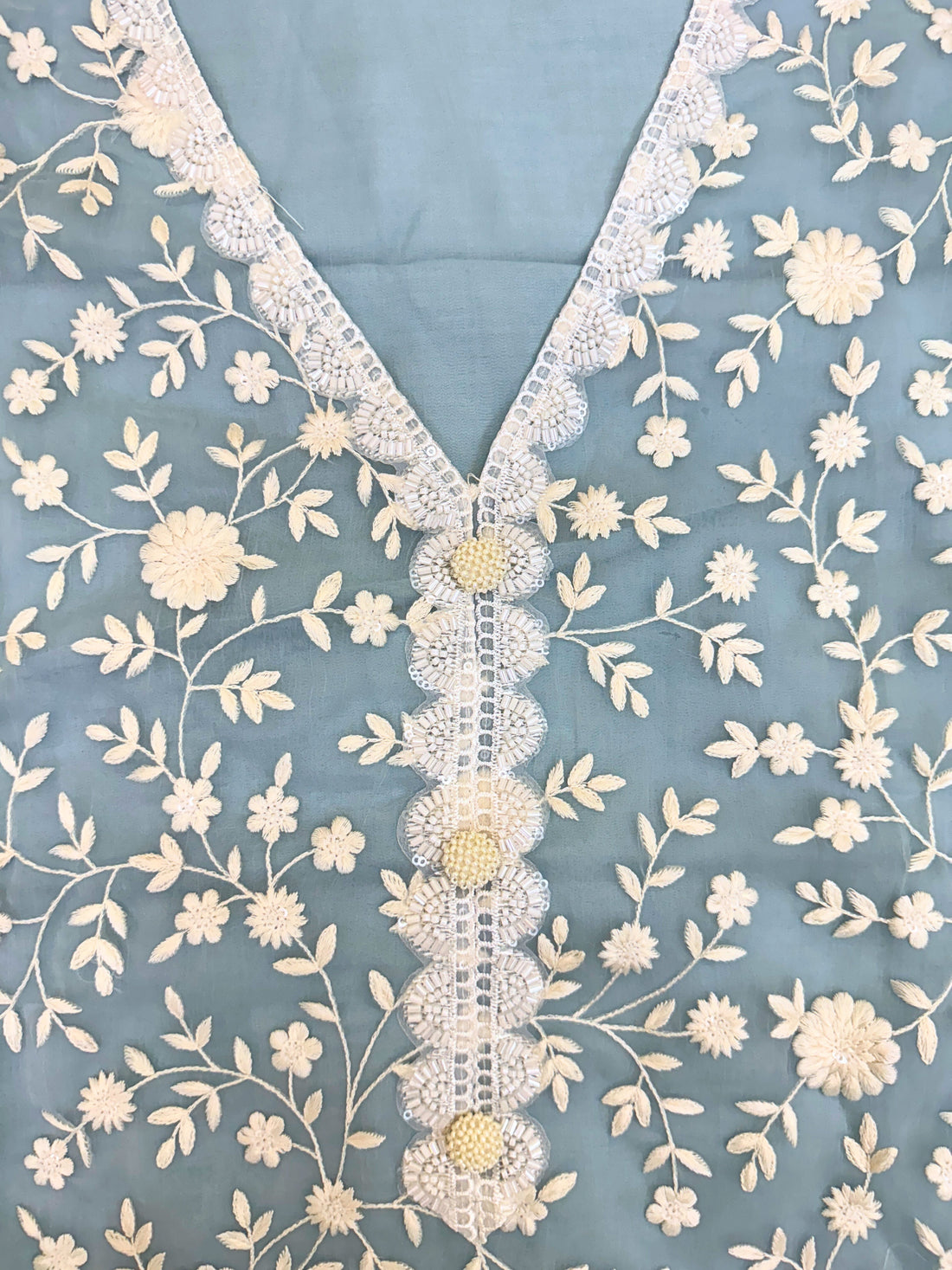 Soft chiffon unstitched suit with ivory thread embroidery