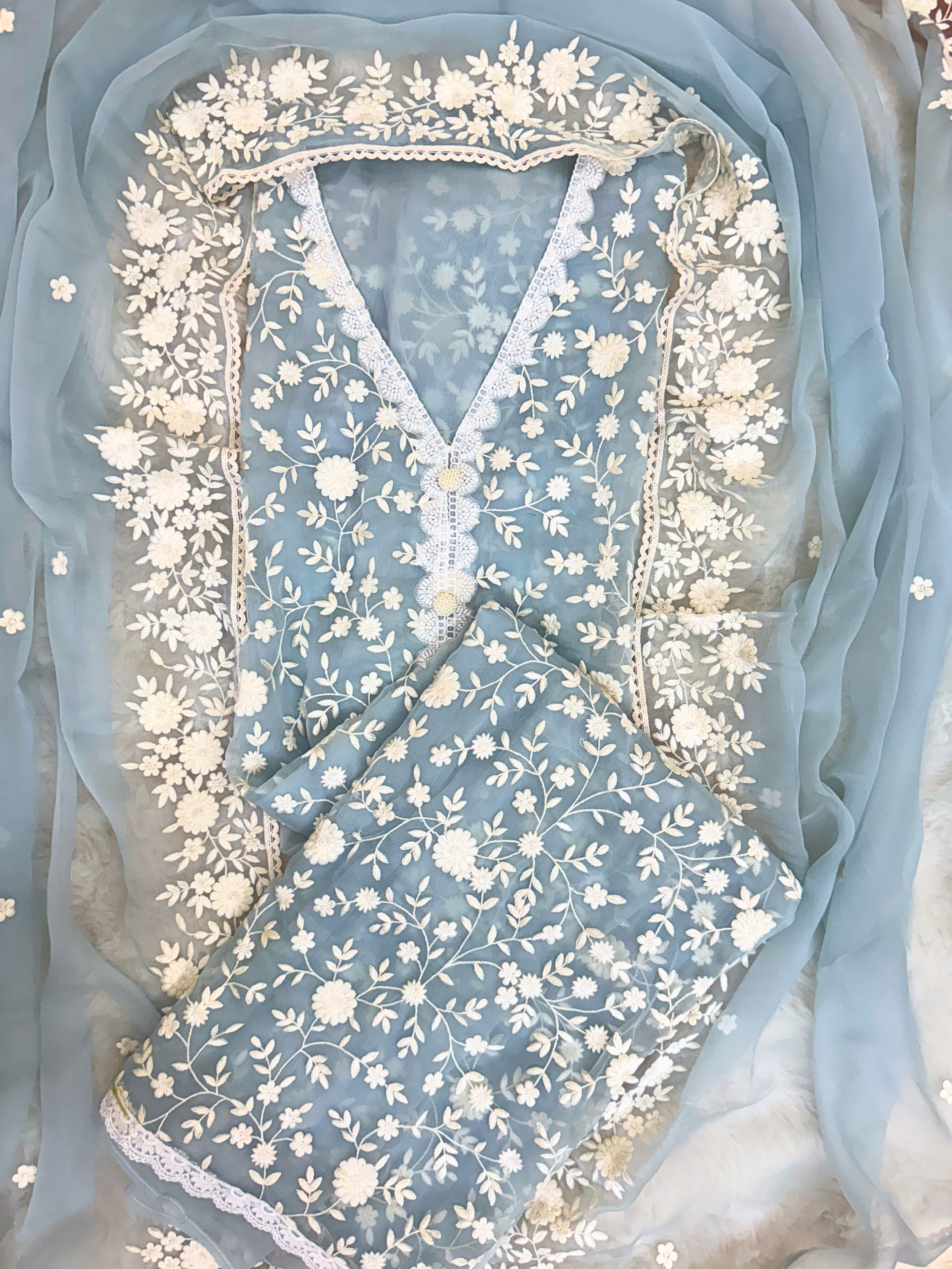 Soft chiffon unstitched suit with ivory thread embroidery