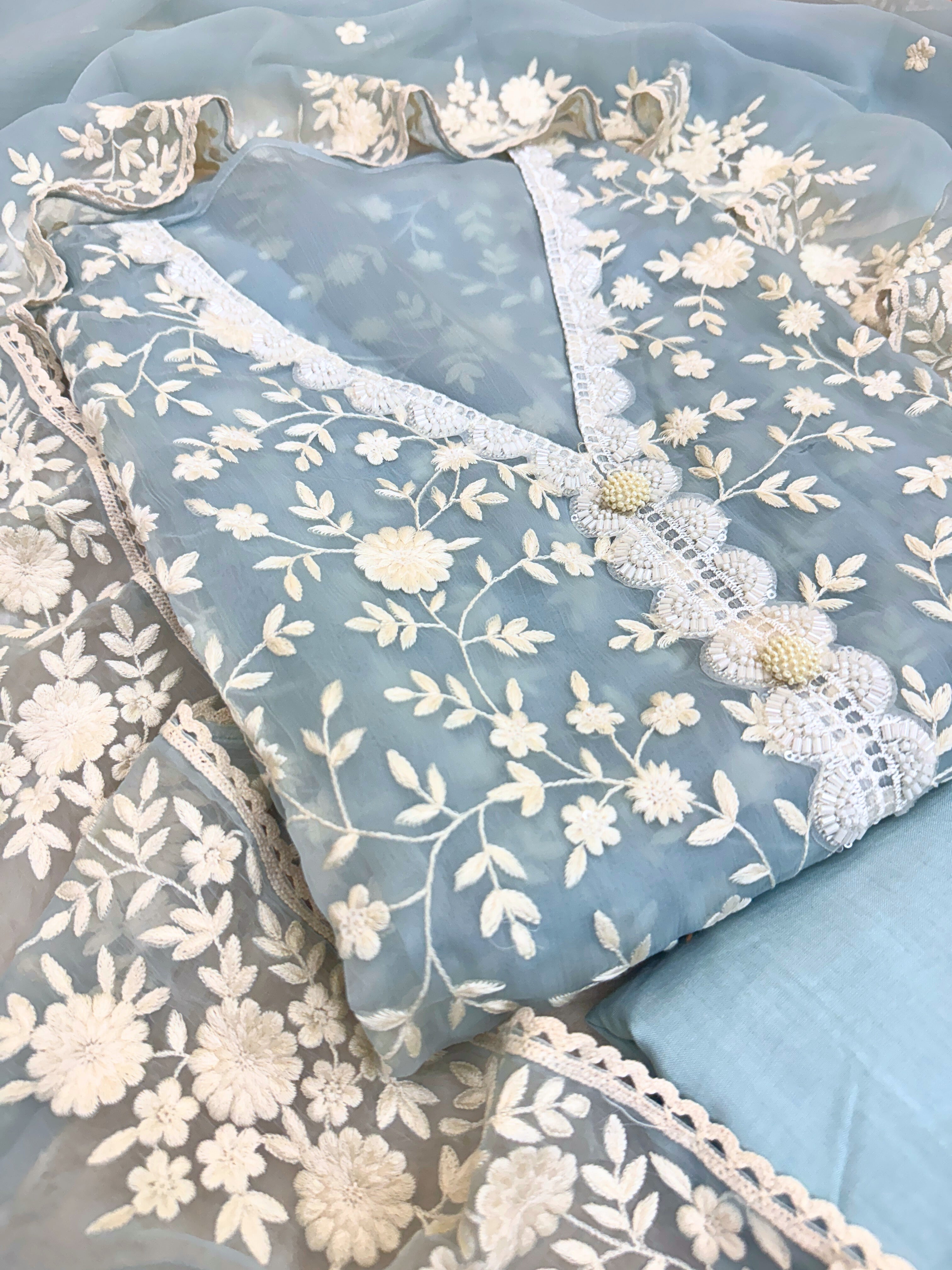 Soft chiffon unstitched suit with ivory thread embroidery