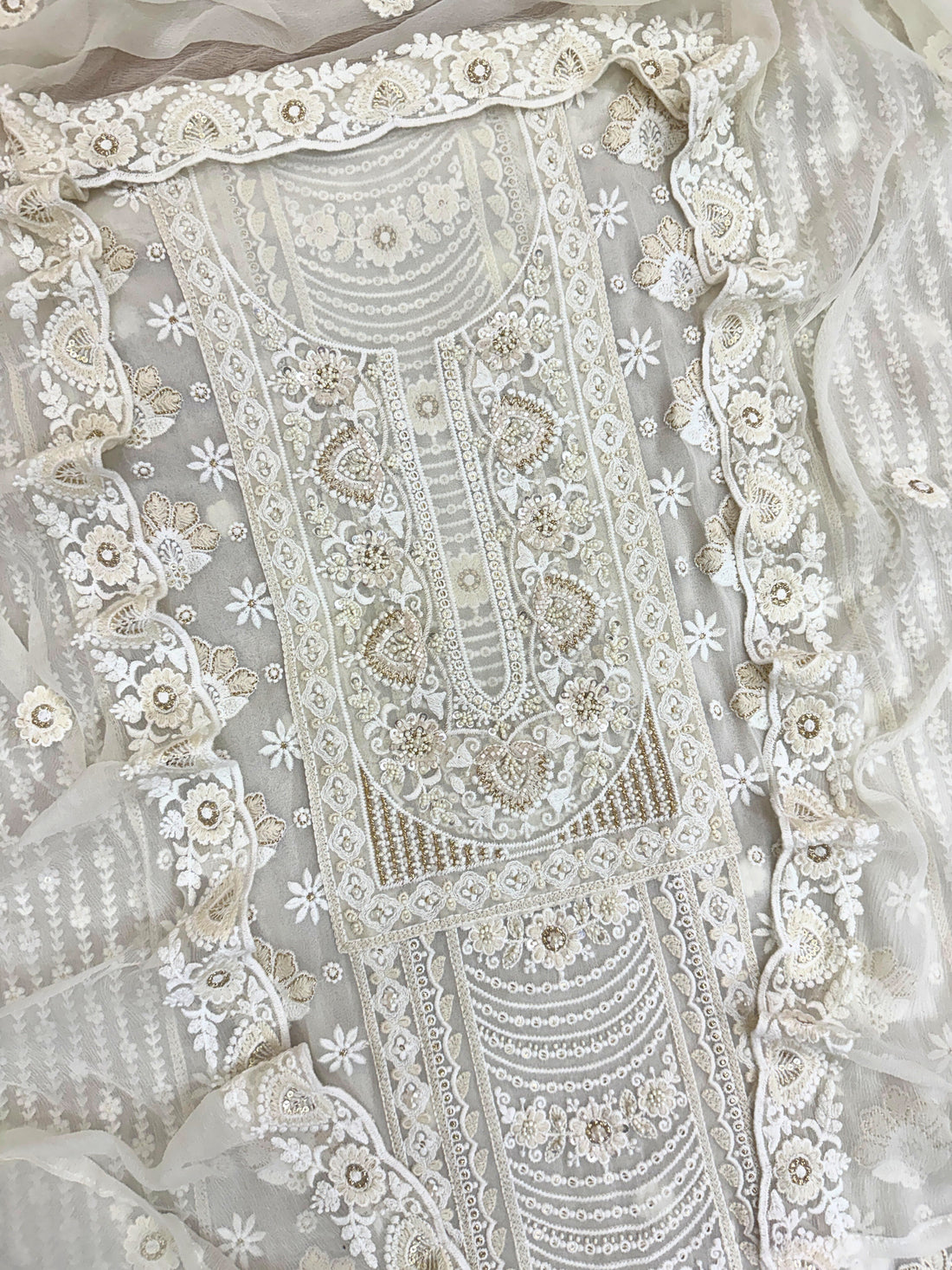 Noor-e-Nazakat: White Thread & Mirror Embroidered Unstitched Suit