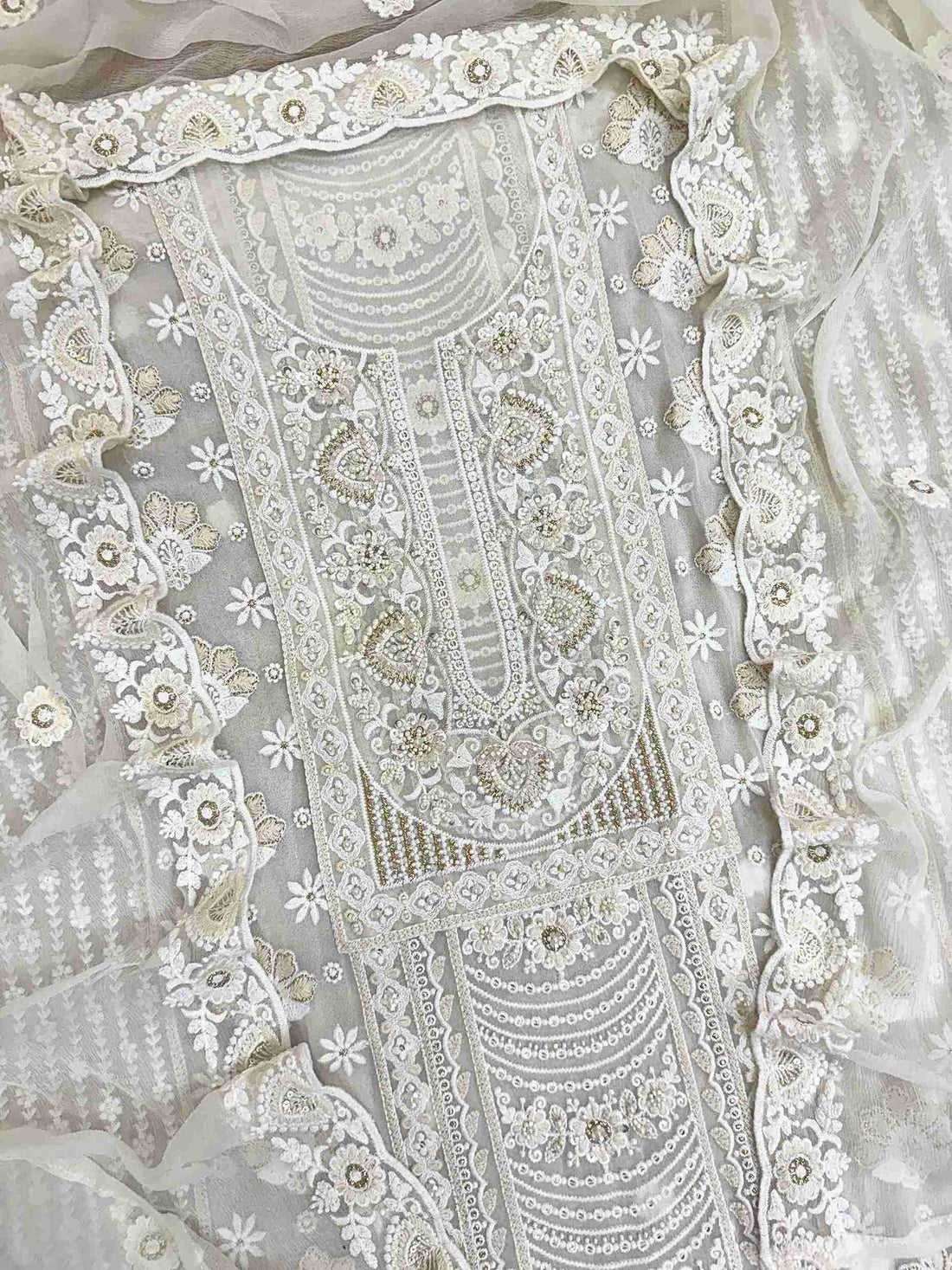 georgette chikankari unstitched suit in white color or women