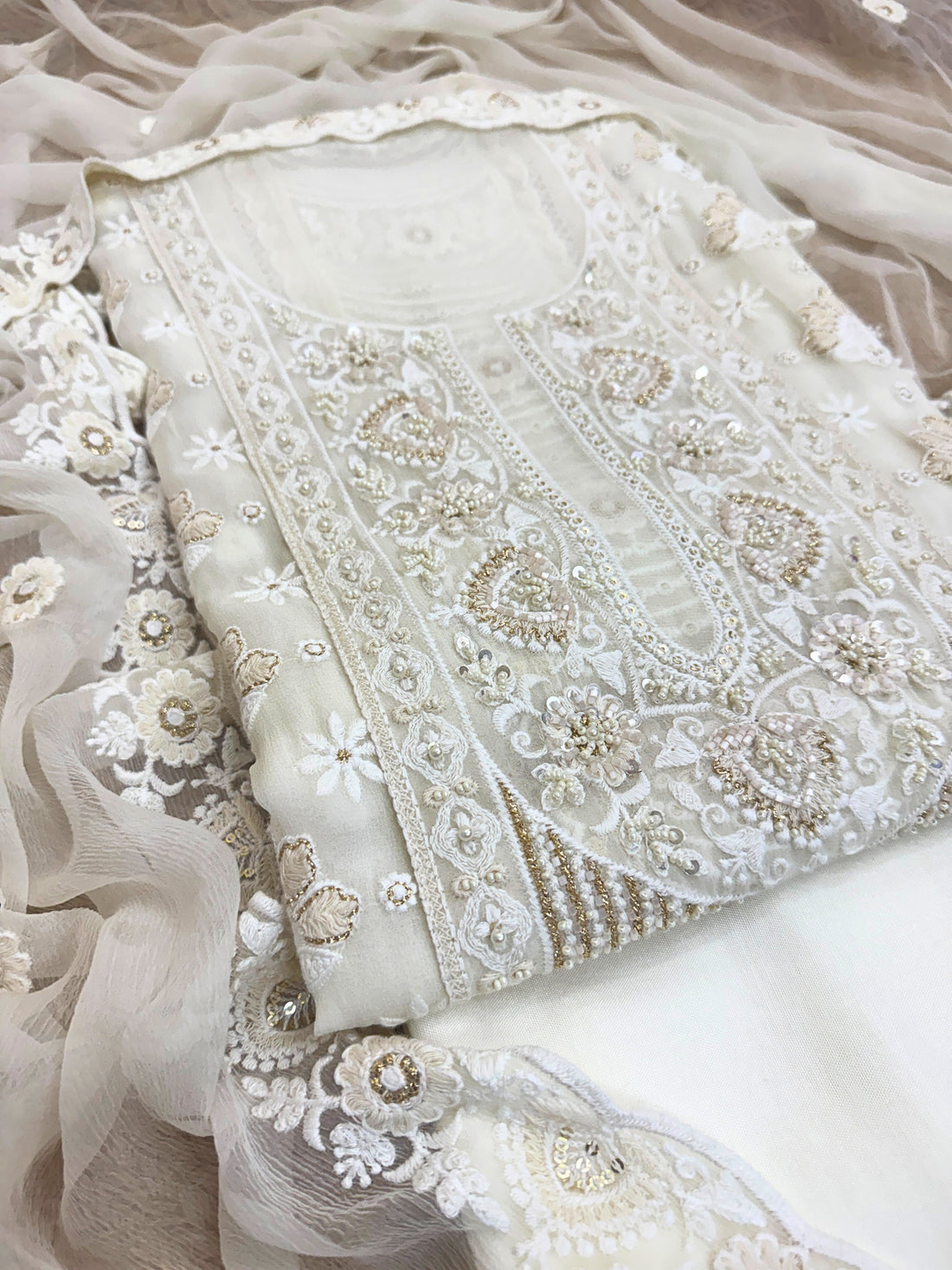 Noor-e-Nazakat: White Thread & Mirror Embroidered Unstitched Suit